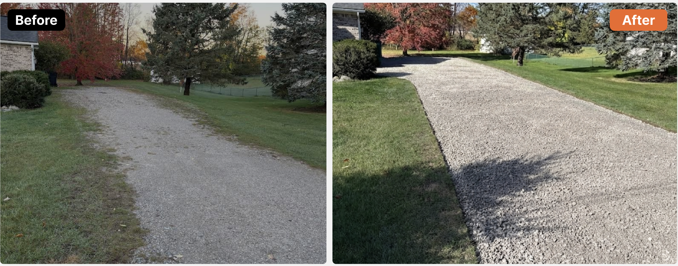 Before and after driveway transformation showing gravel installation results