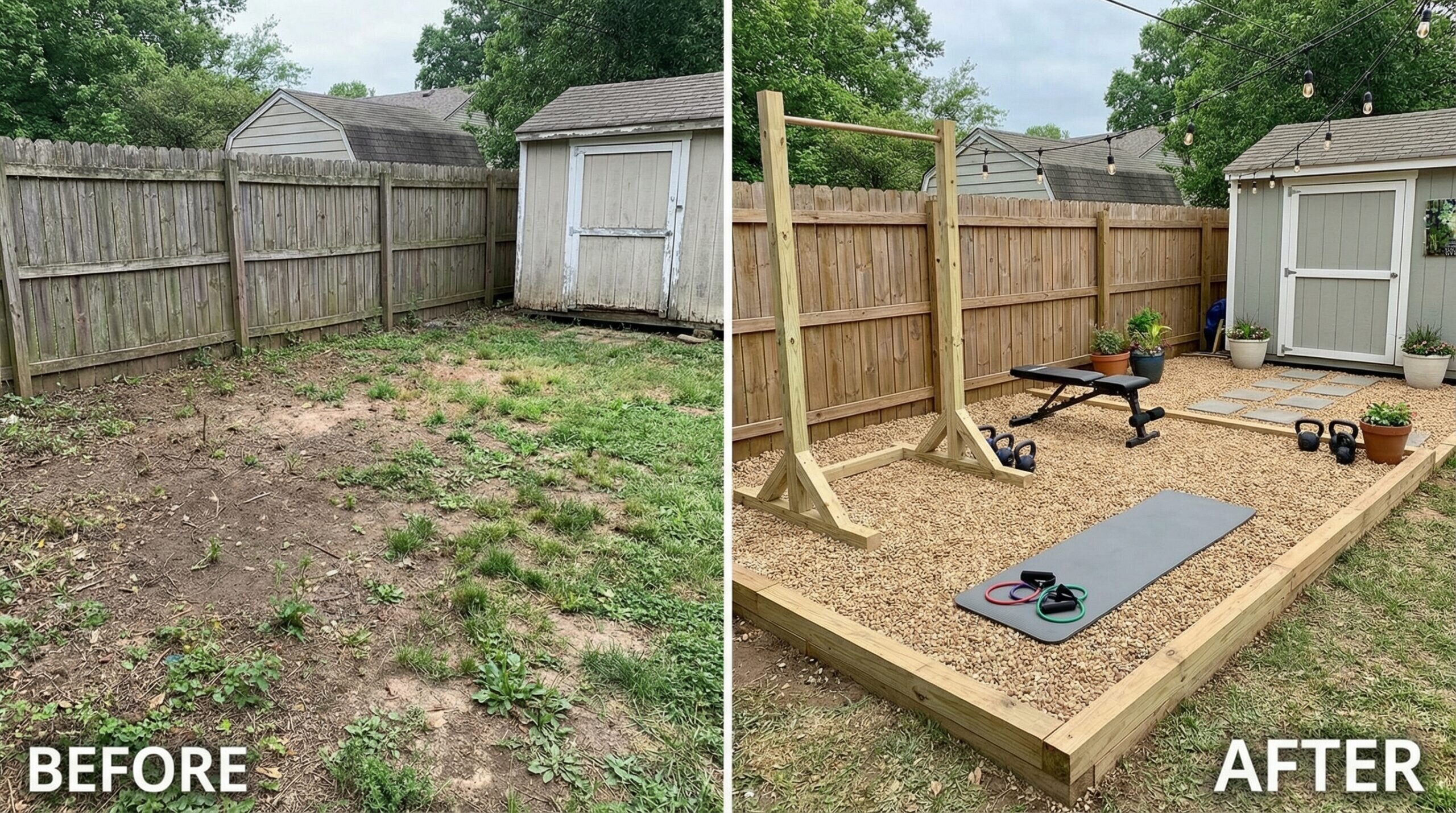 Before and after comparison showing bare yard transformed into organized outdoor exercise area with pea gravel base