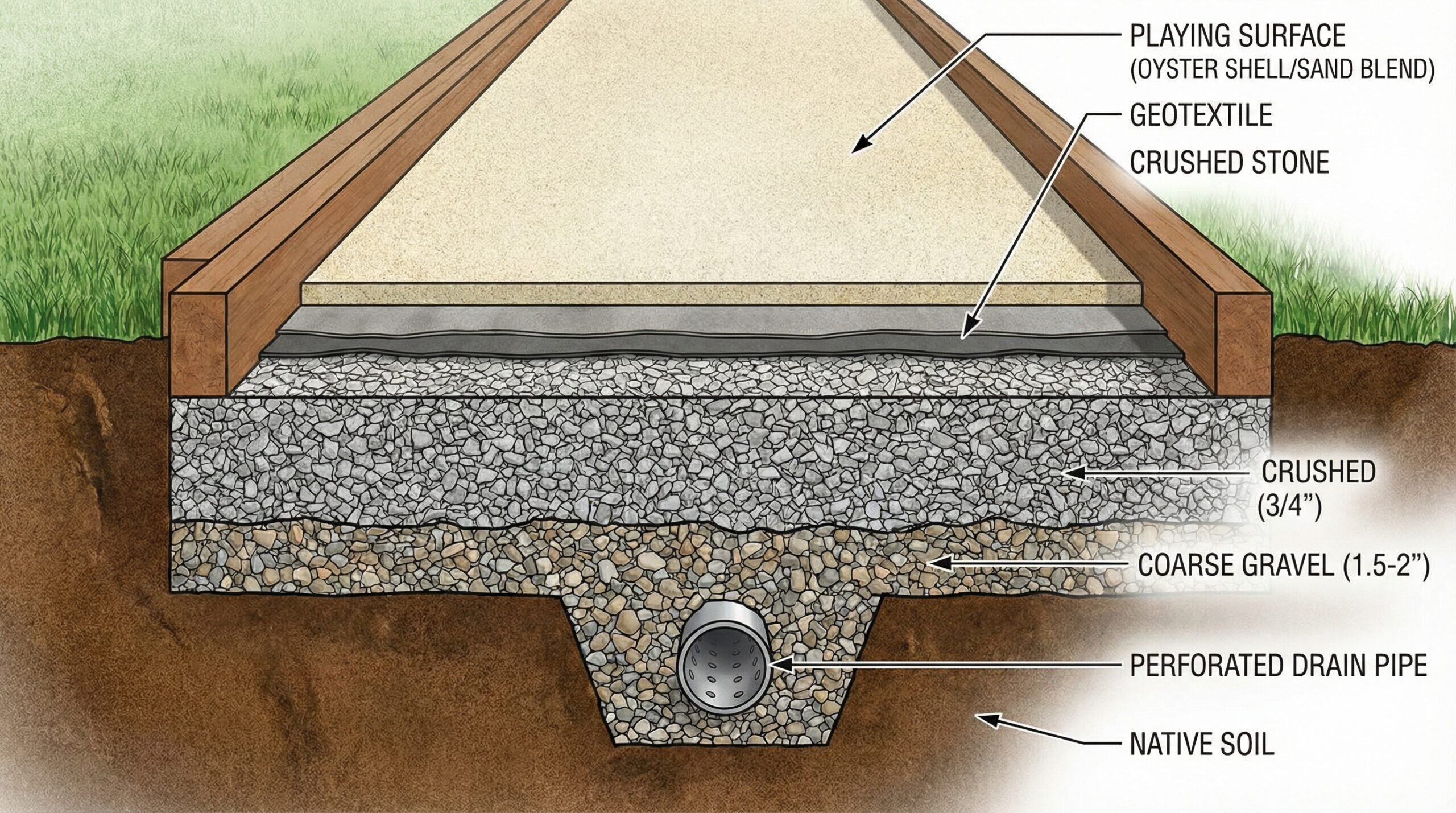 Bocce court drainage system cross section