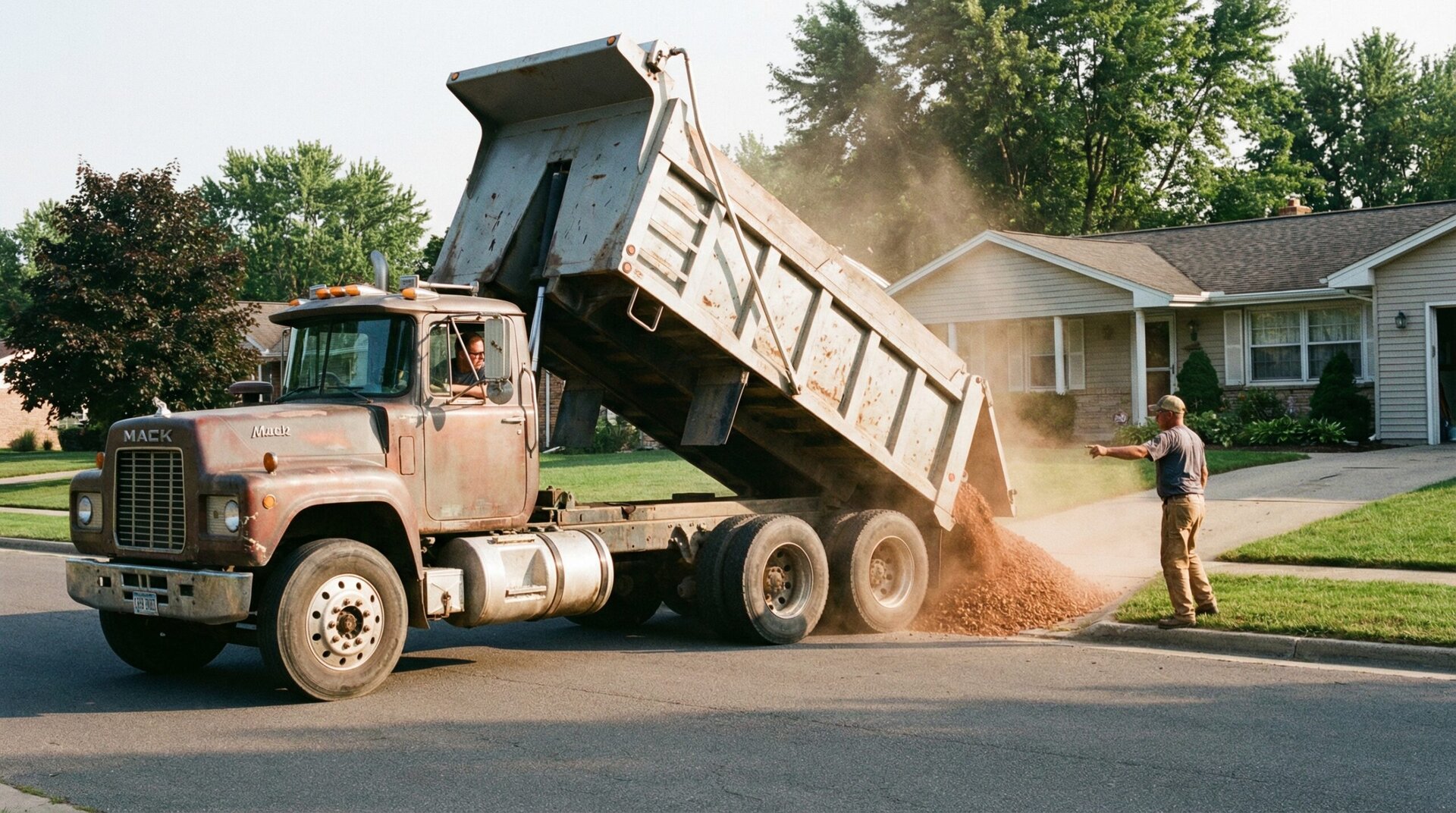 A dump truck delivering borrow gravel to a residential driveway