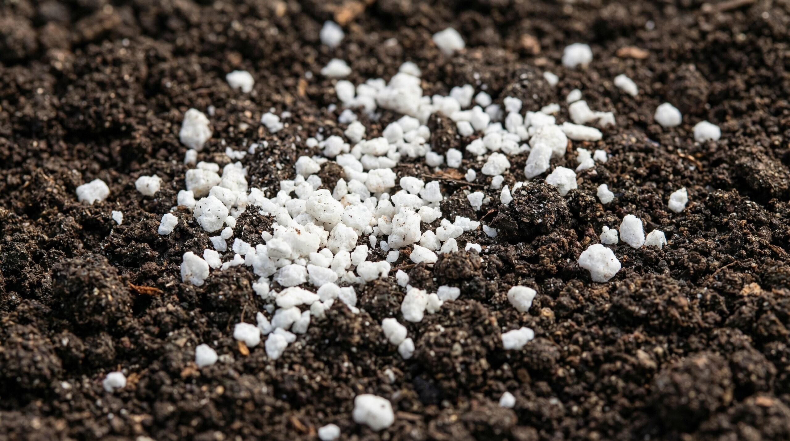 Close-up of gypsum granules being applied to vegetable garden soil
