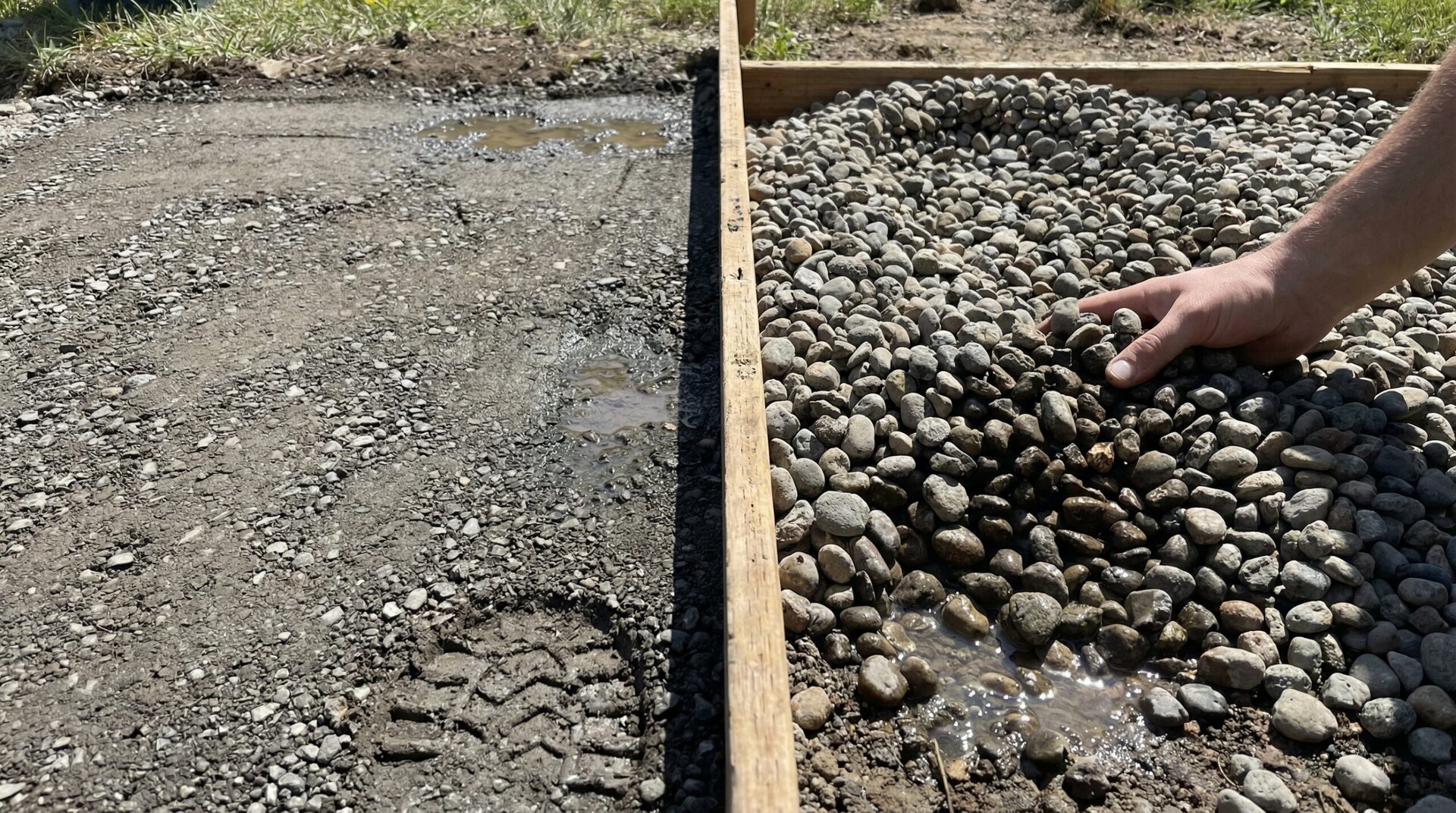 Comparison showing compacted minus gravel next to loose screened gravel