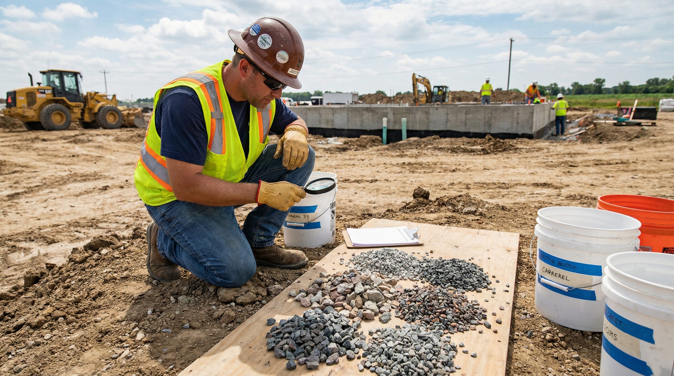 Construction worker examining different aggregate samples on job site