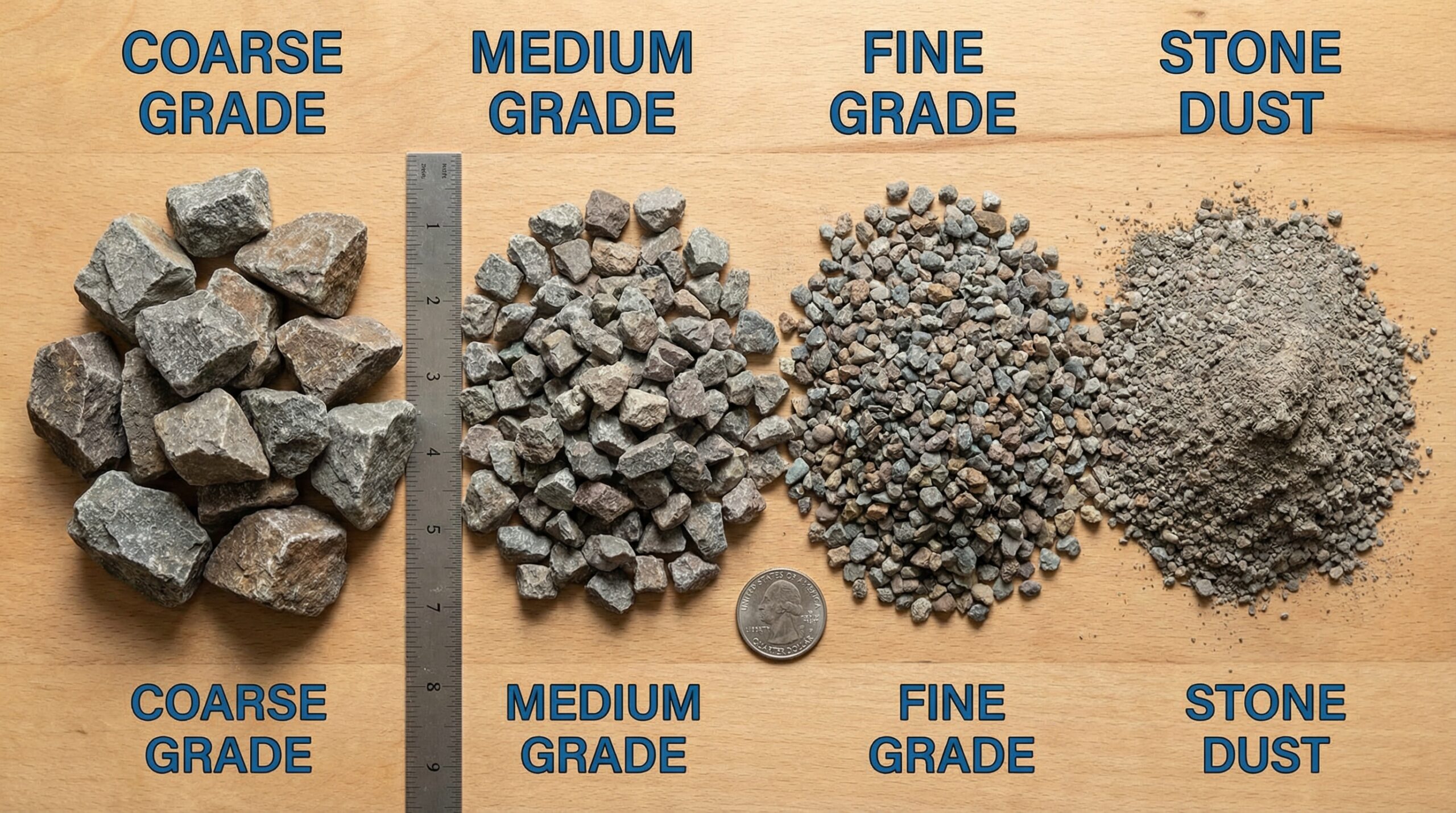 Crushed stone grade comparison showing particle sizes from coarse to fine