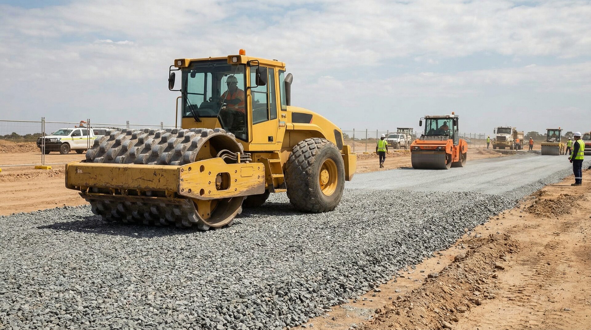Crusher run compaction process with heavy equipment