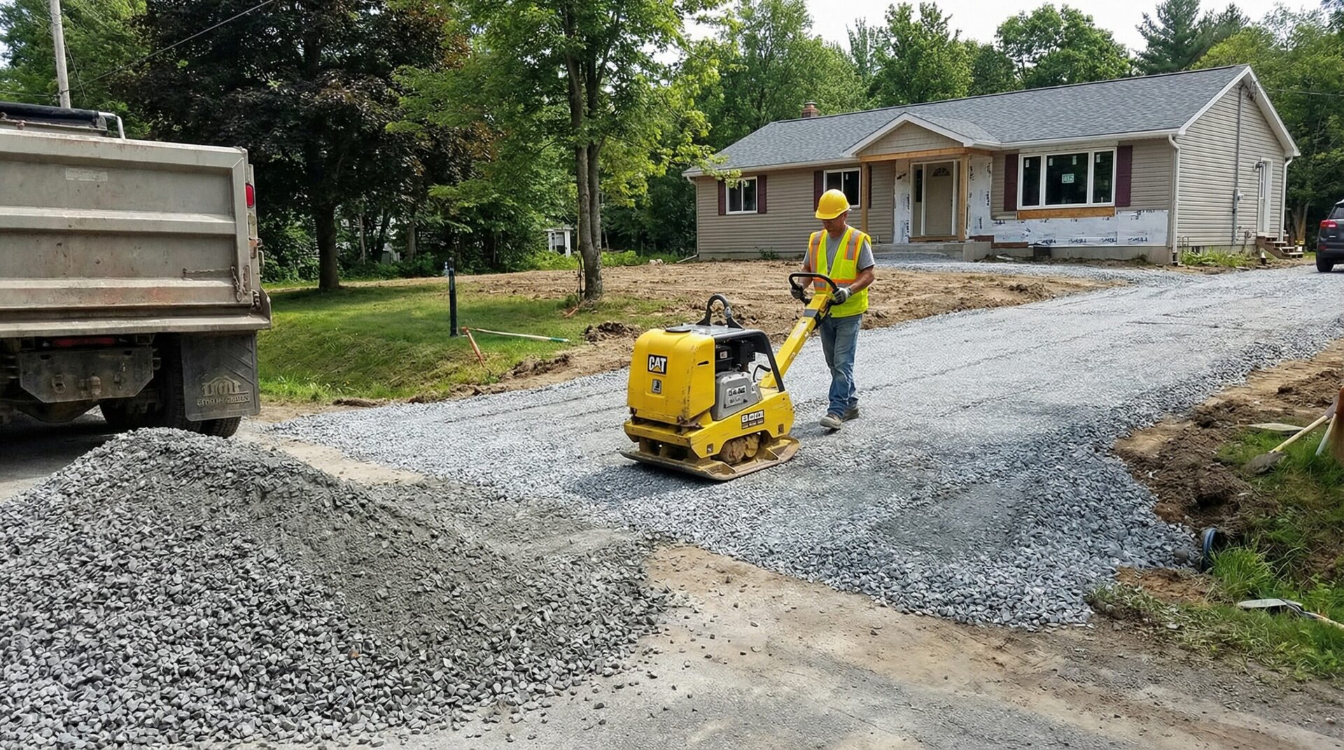 installation photo showing crusher run being compacted for a driveway base