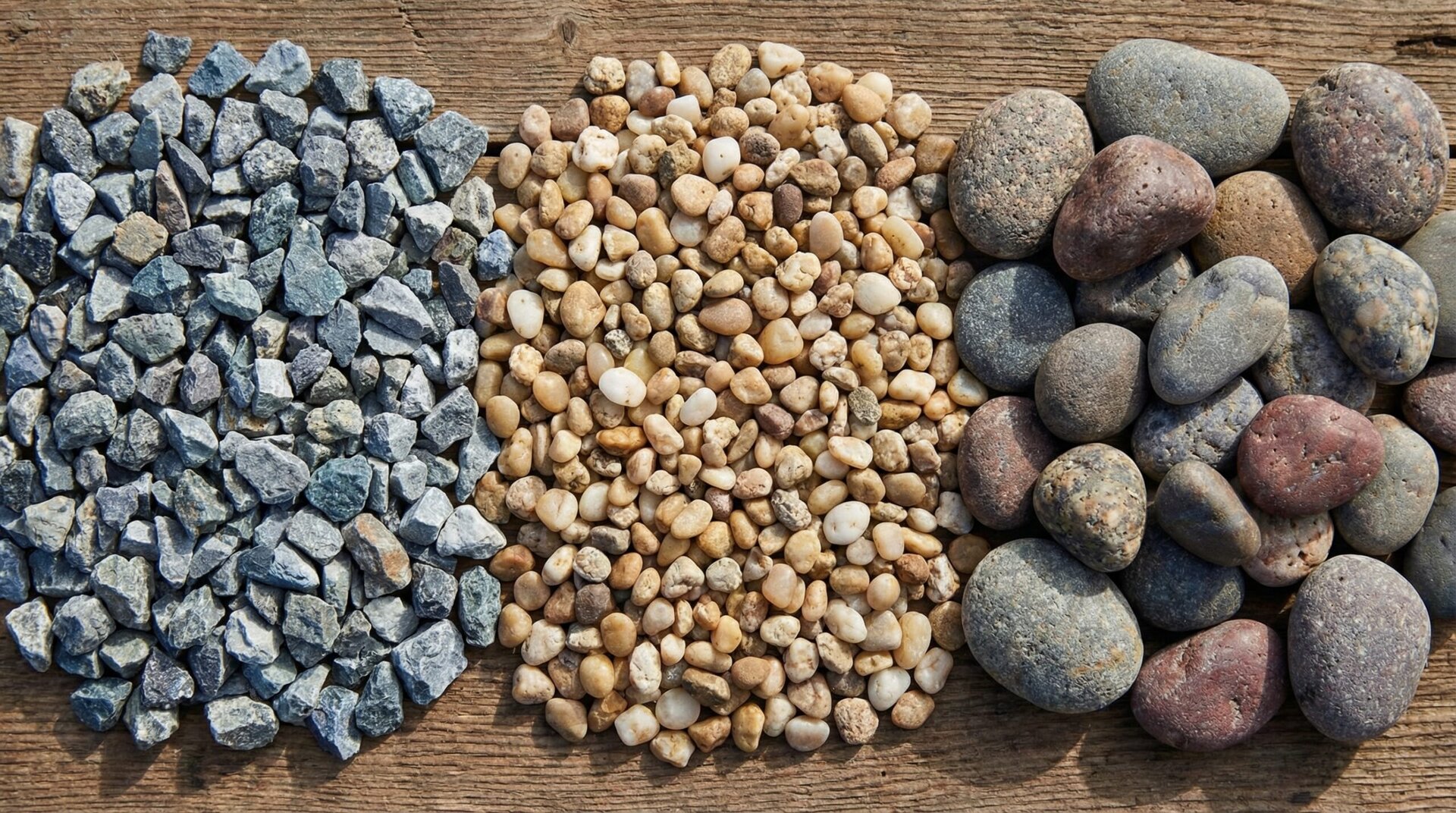 Different gravel types: crushed stone, pea gravel, and river rock samples