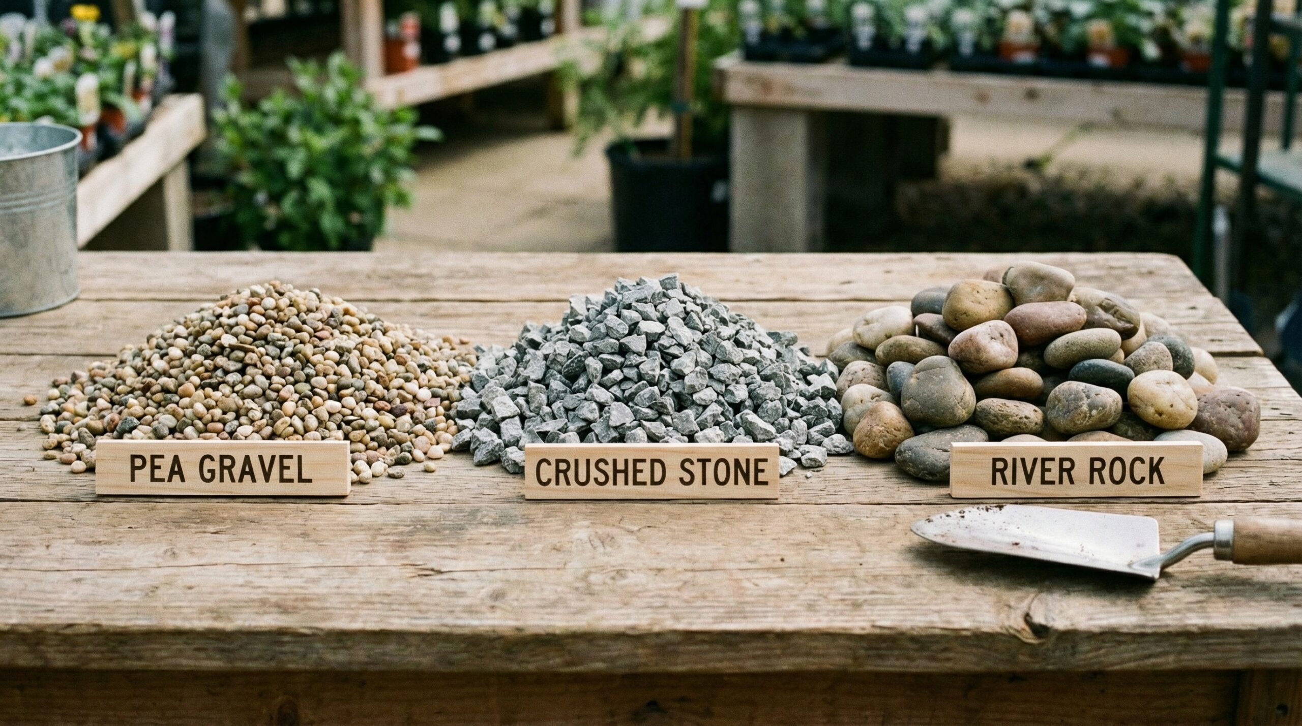 Different types of gravel: pea gravel, crushed stone, and river rock side by side comparison