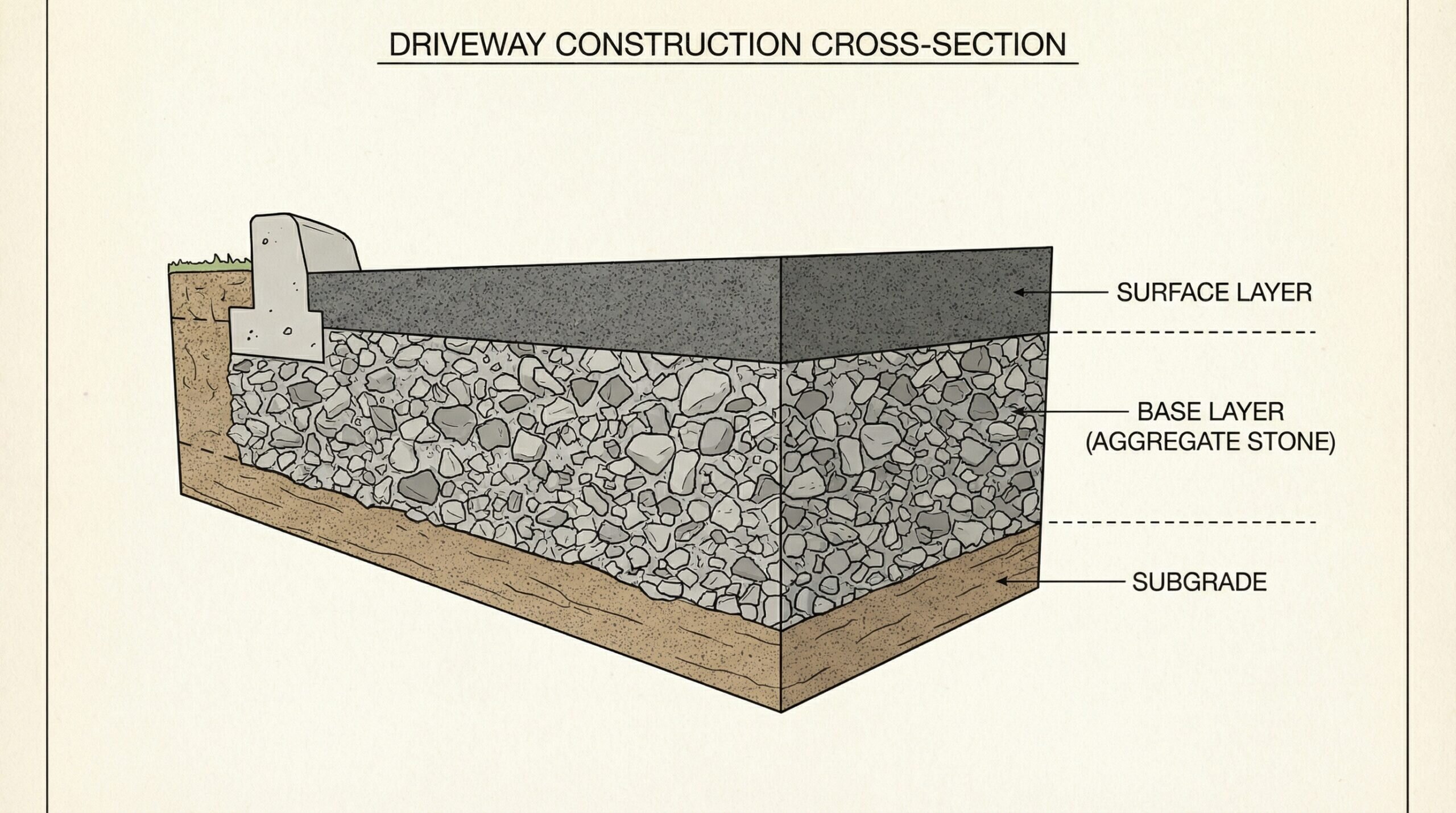 Cross-section diagram showing driveway layers with different stone sizes