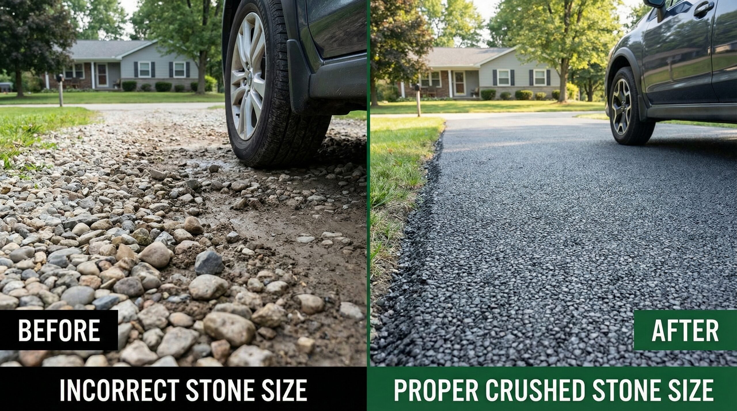 Before and after comparison showing proper stone size for driveway vs incorrect size