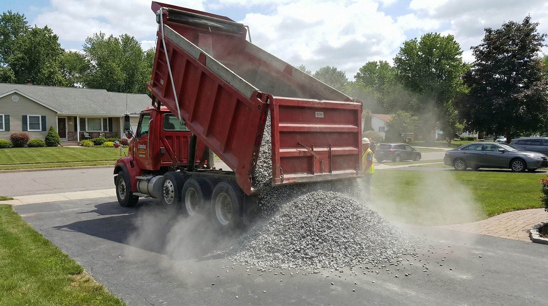 Dump truck delivering gravel to residential driveway