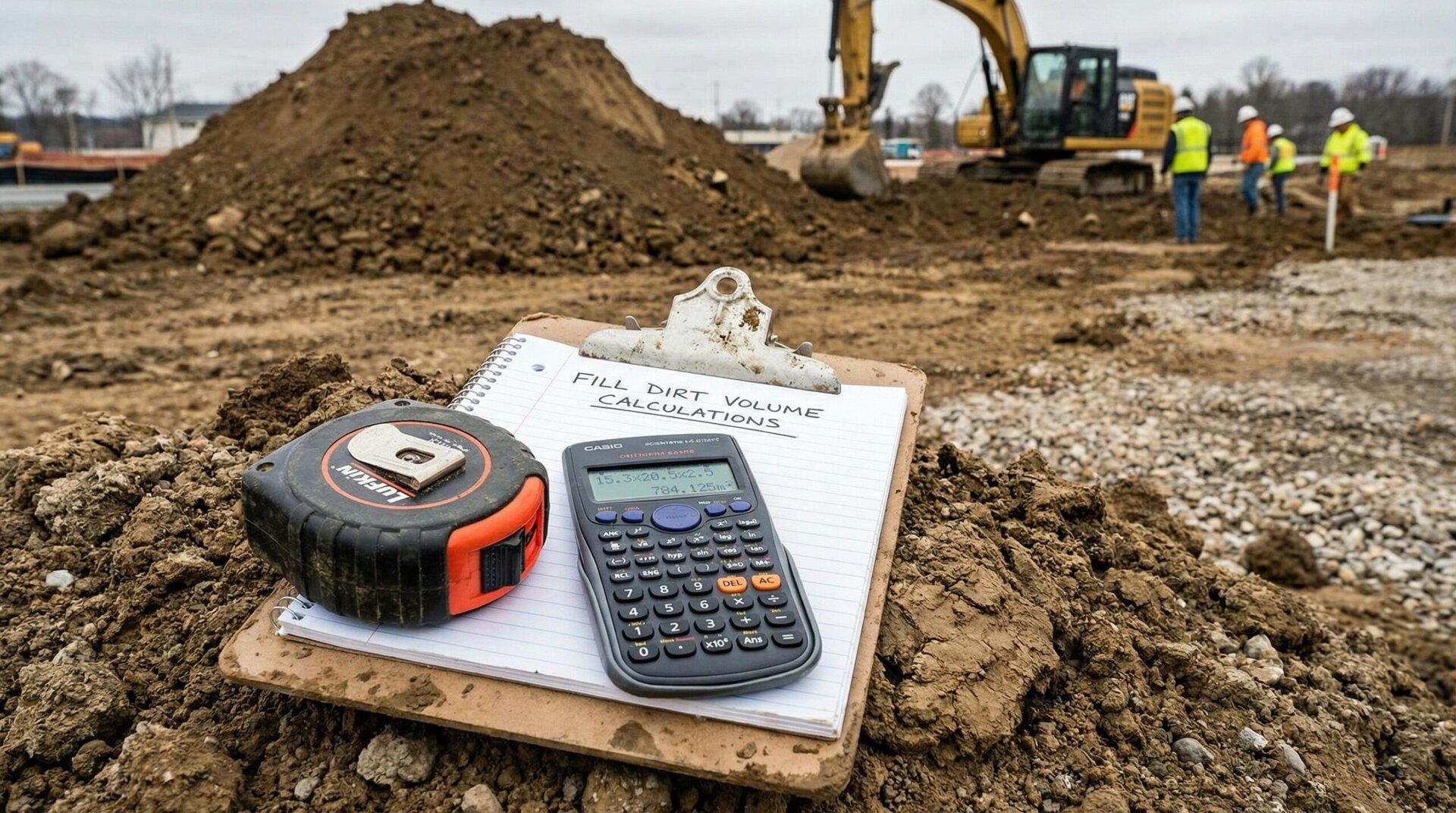Fill dirt calculation example with measuring tape and calculator