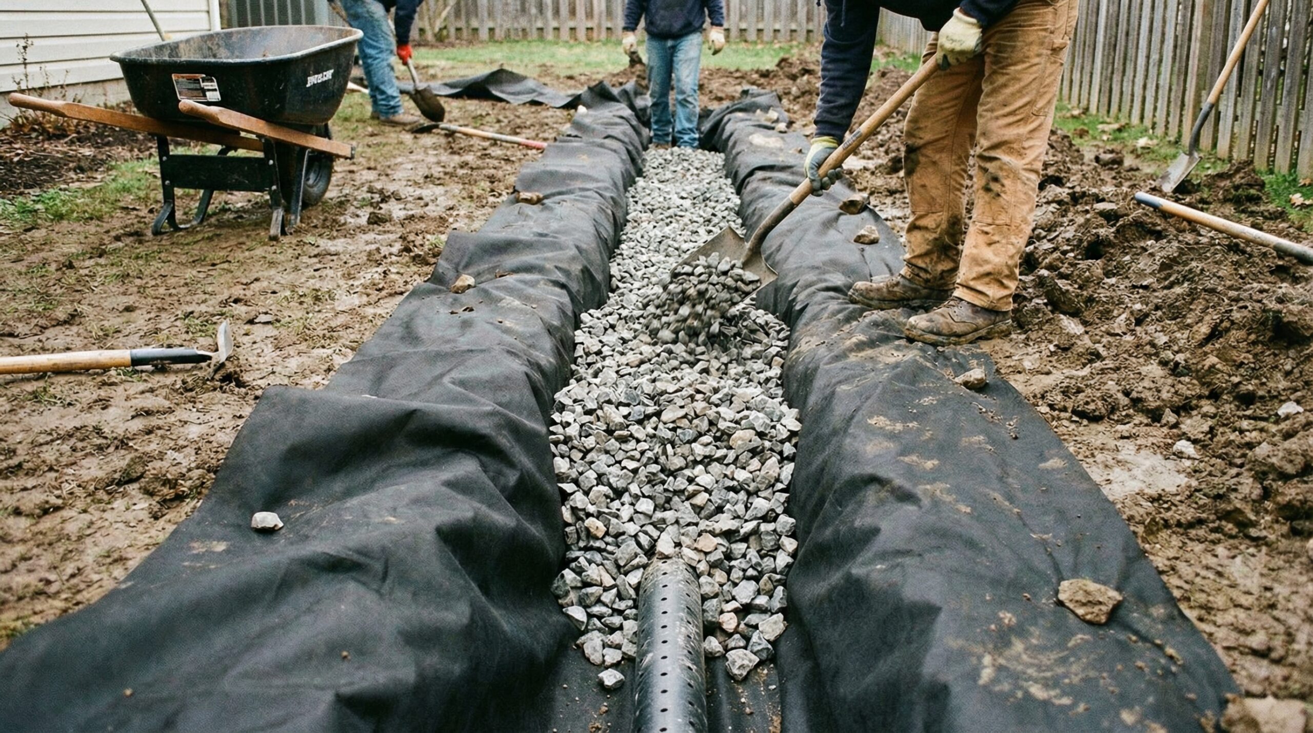 French drain installation showing crushed stone around perforated pipe