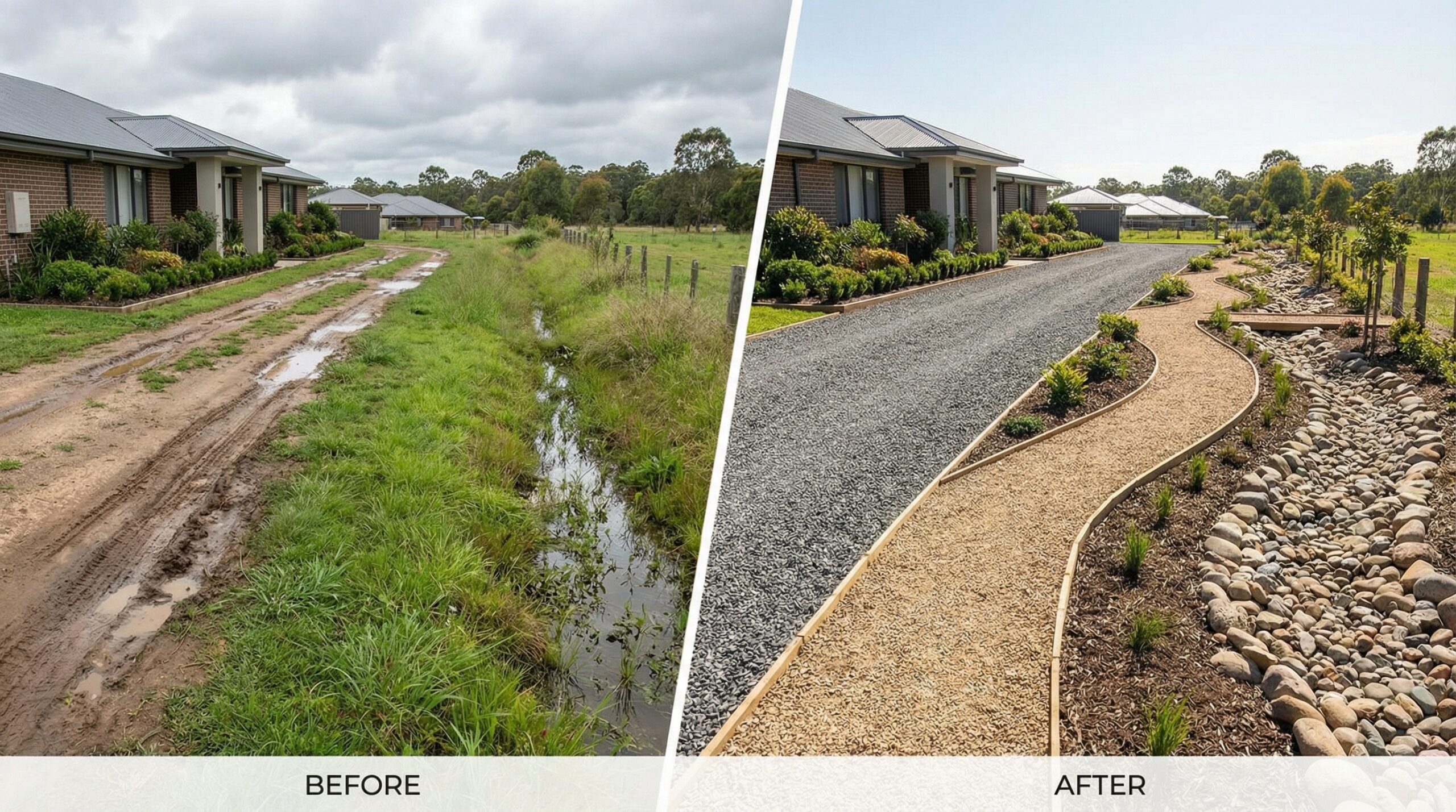 Before and after photos showing different gravel applications for driveway, walkway, and drainage