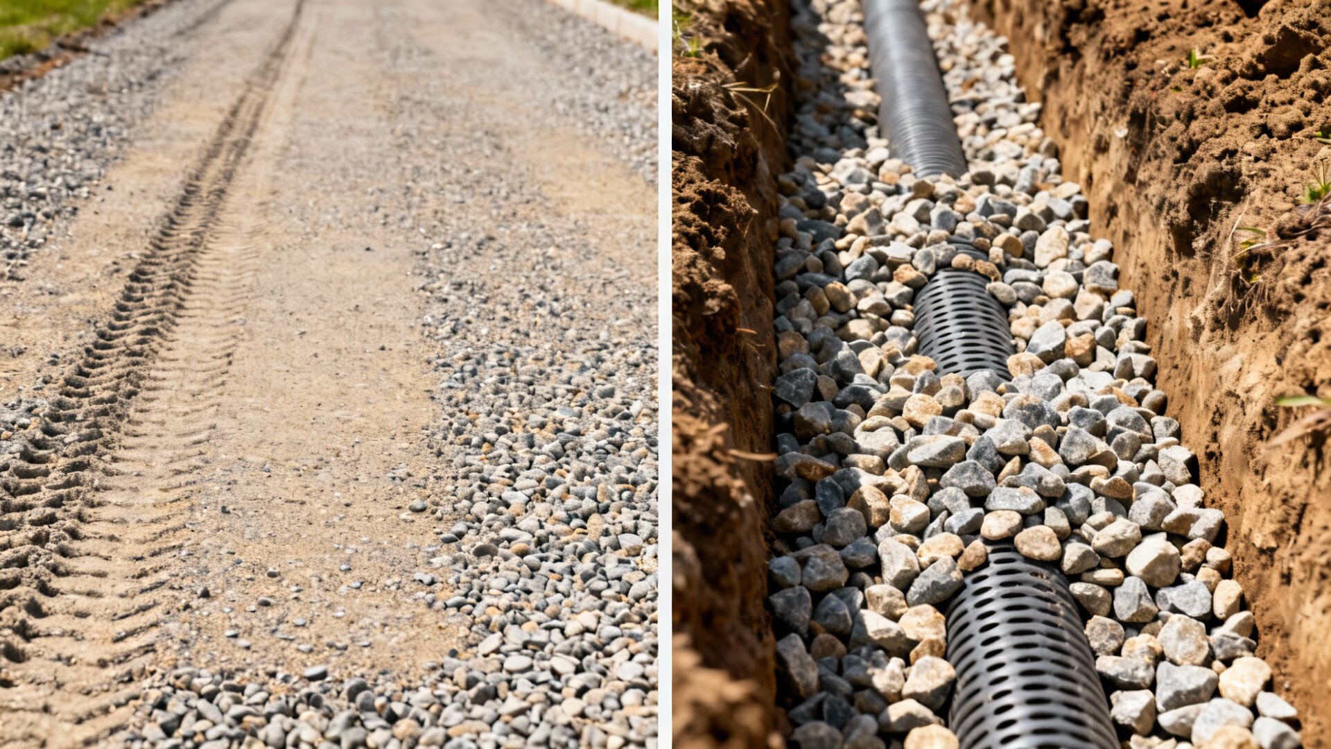 Split image showing 3/4 minus being used as a driveway base on one side and 3/4 gravel in a French drain application on the other