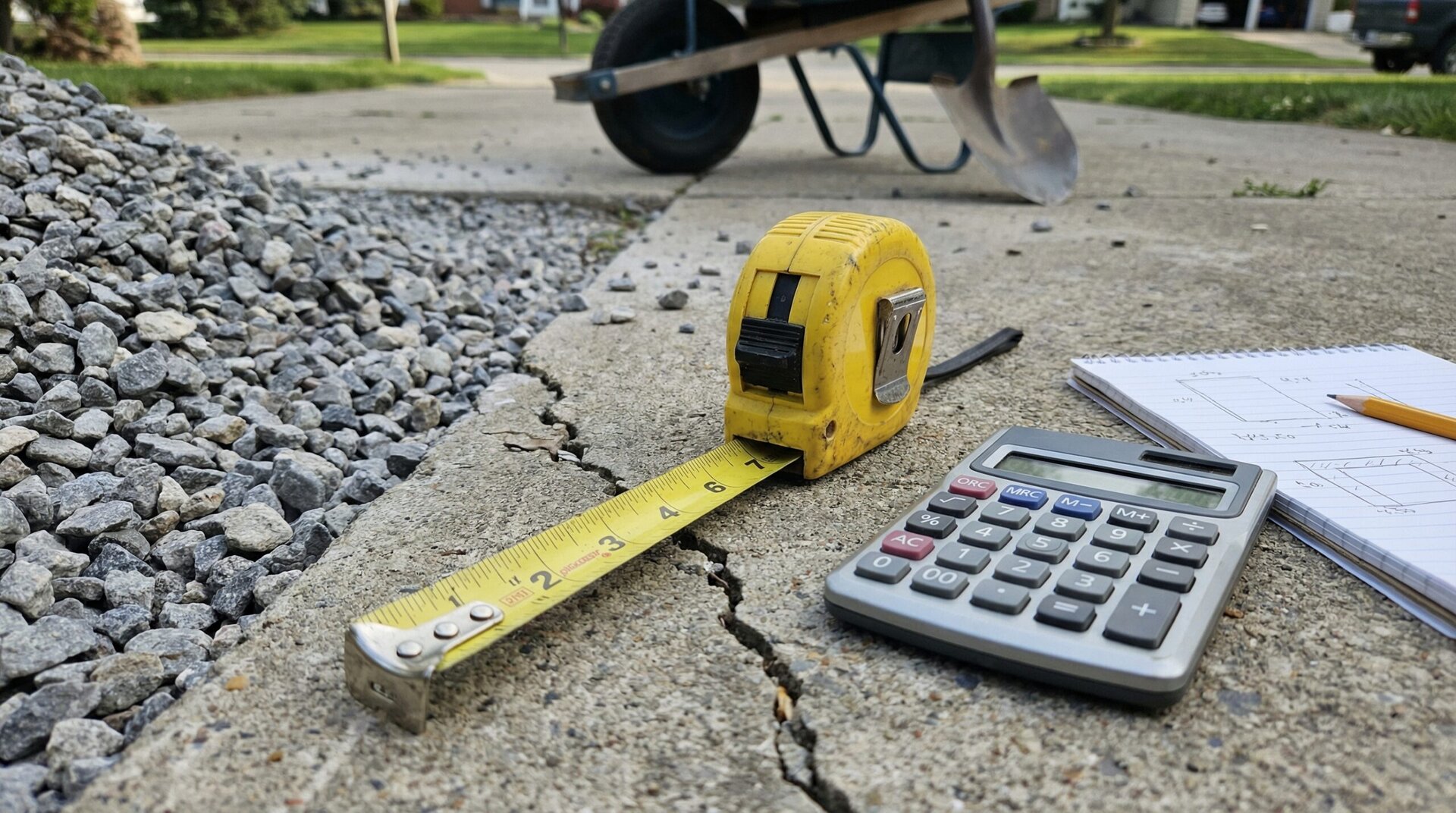 Gravel calculator with measuring tape for driveway project planning