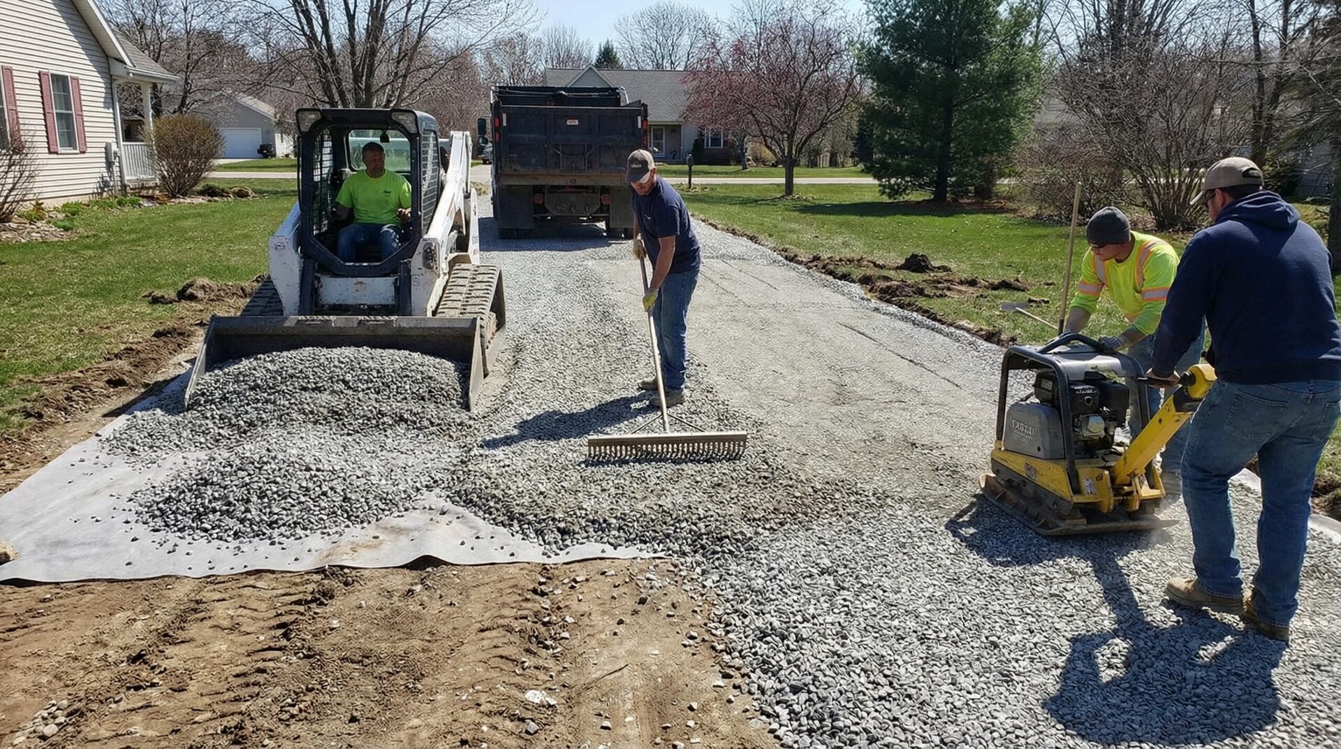 Workers installing gravel on a driveway, showing the process of spreading and compacting gravel stones