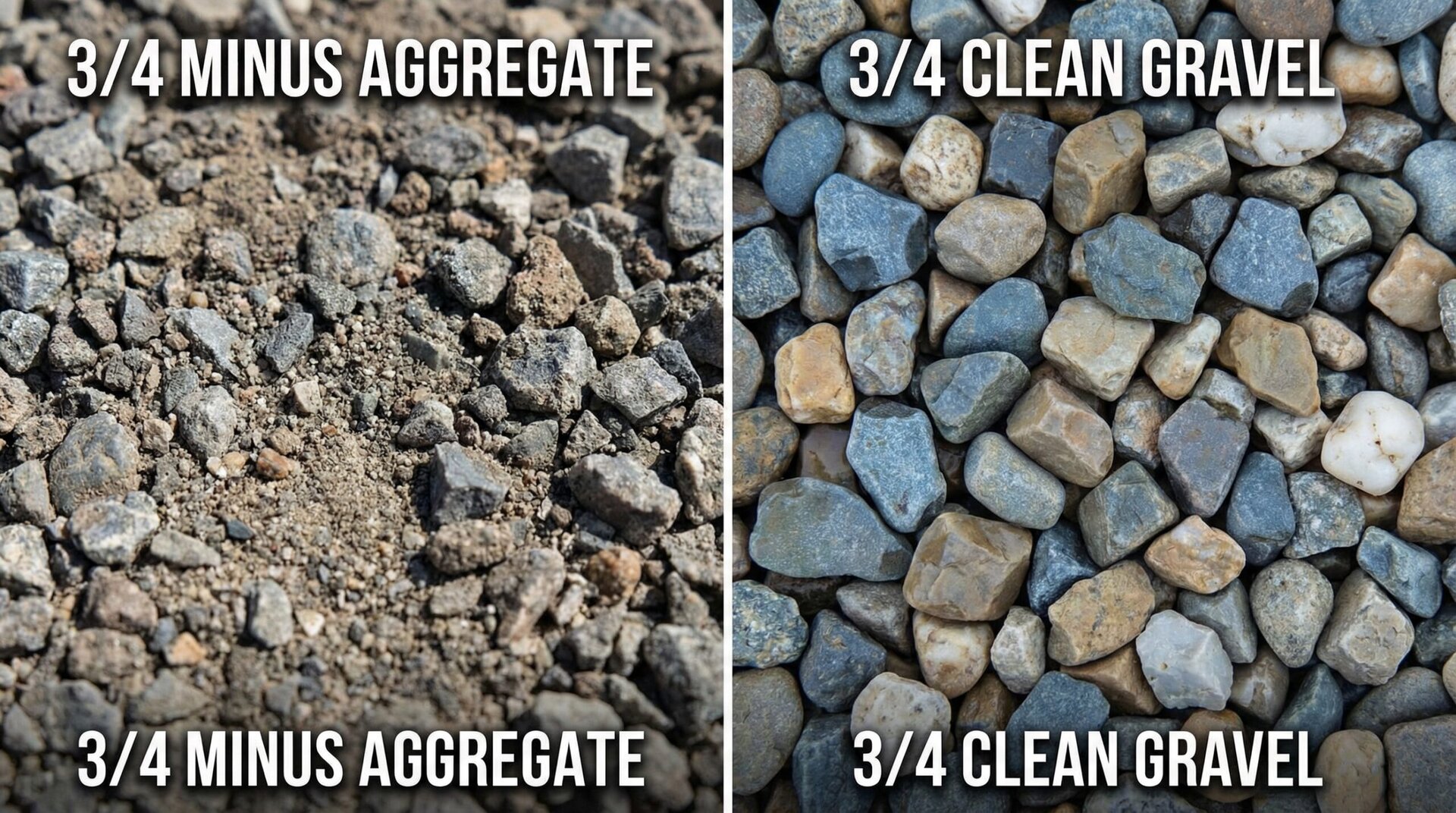 Close-up texture comparison showing the fine particles in 3/4 minus versus the clean stones in 3/4 gravel
