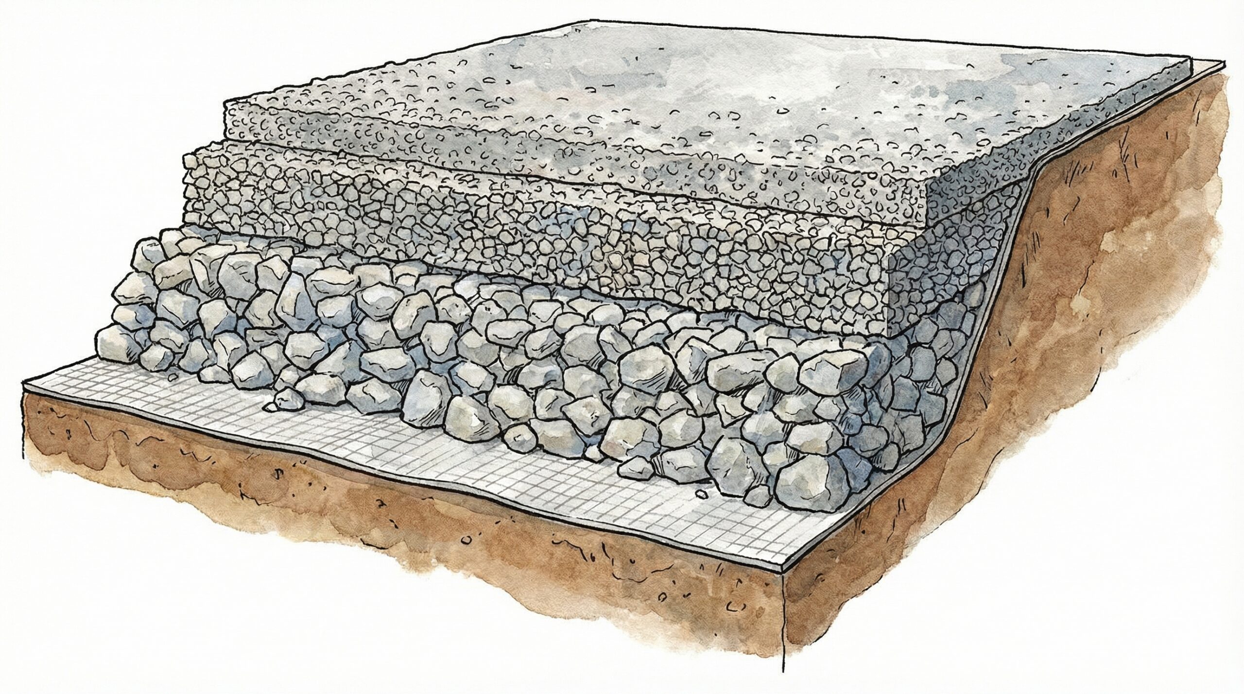 Cross-section diagram showing gravel layers in driveway construction