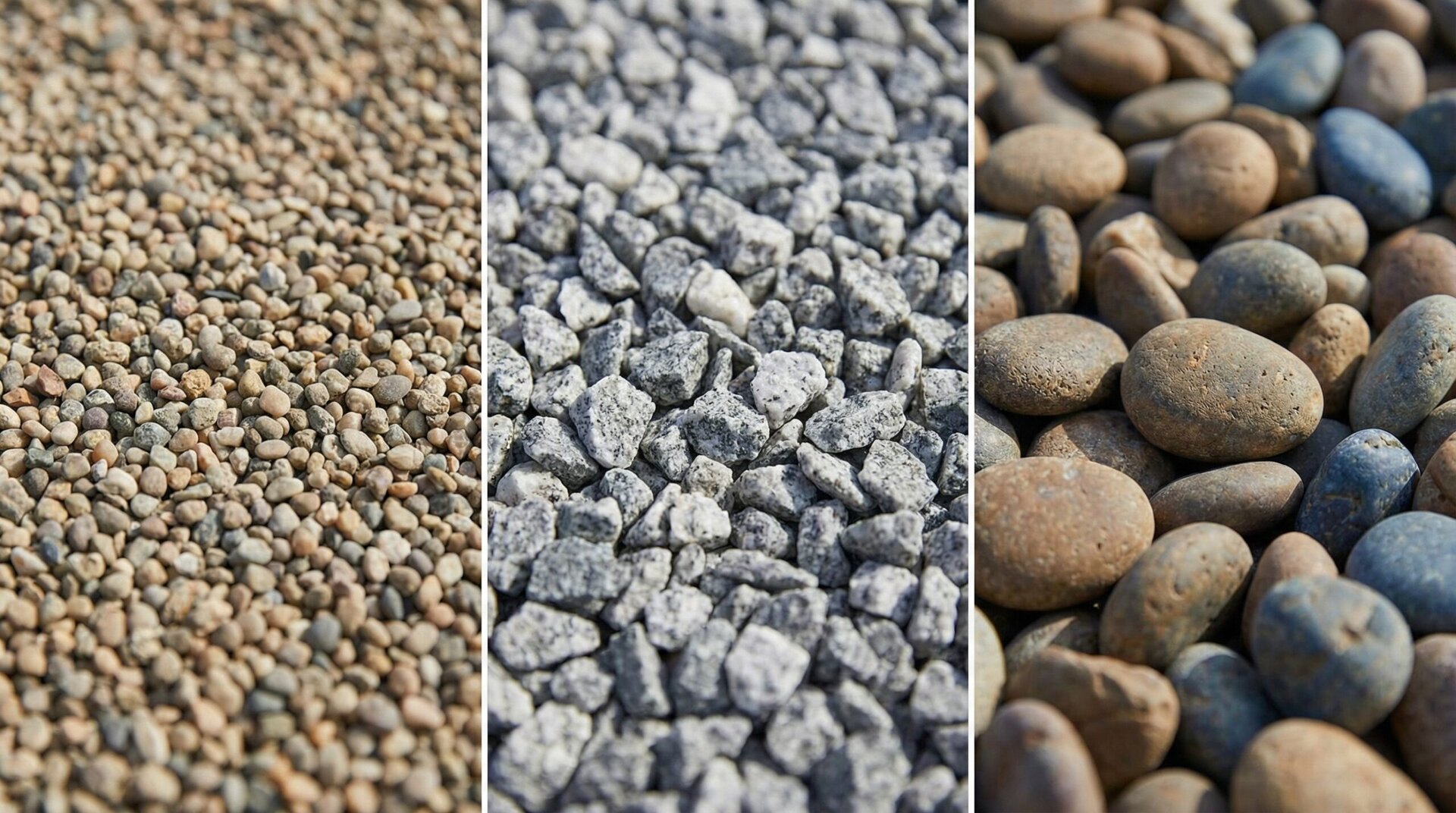Close up photos of different gravel sizes showing texture and appearance