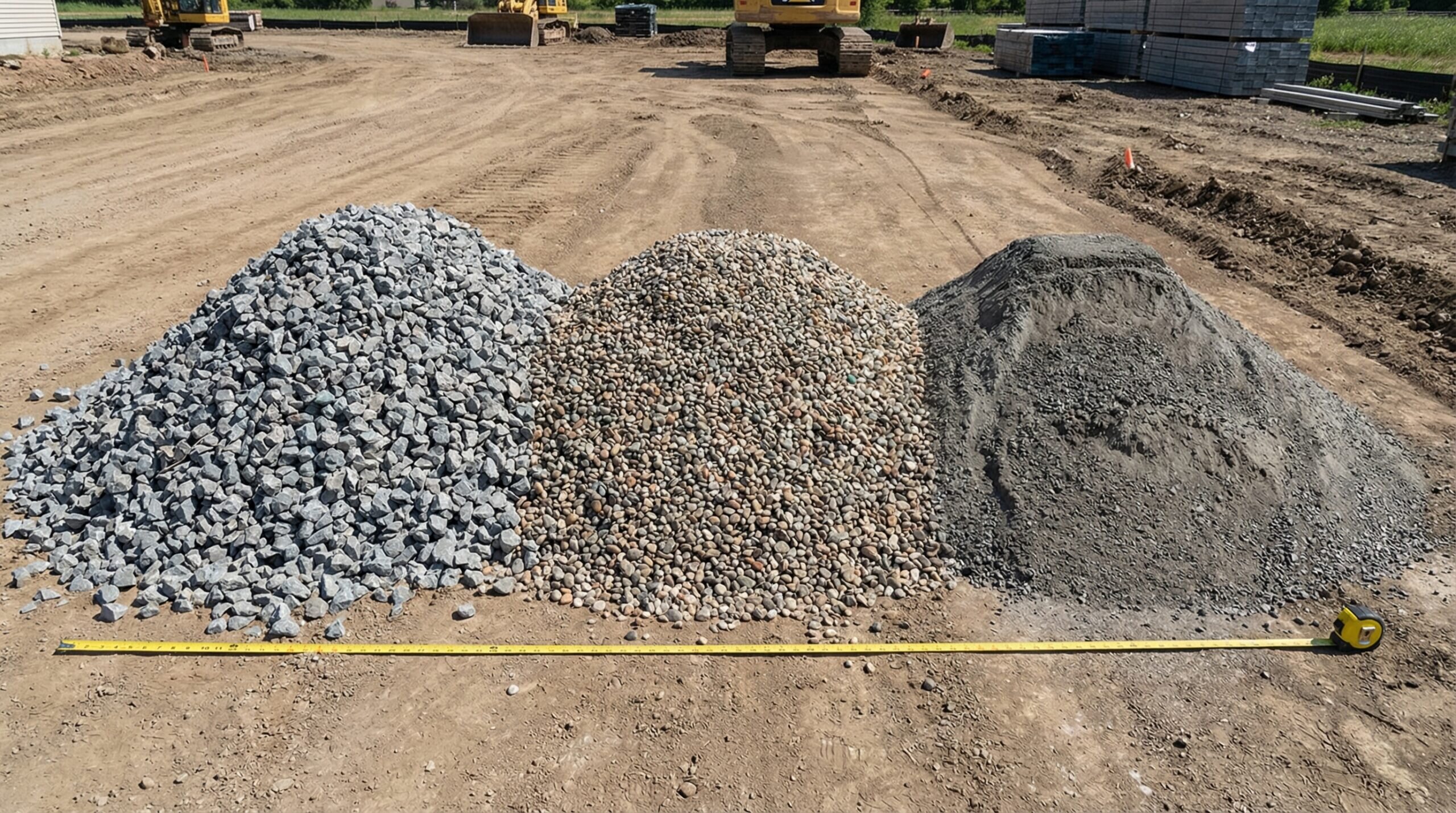 Comparison photo showing 57 stone, pea gravel, and screenings side by side