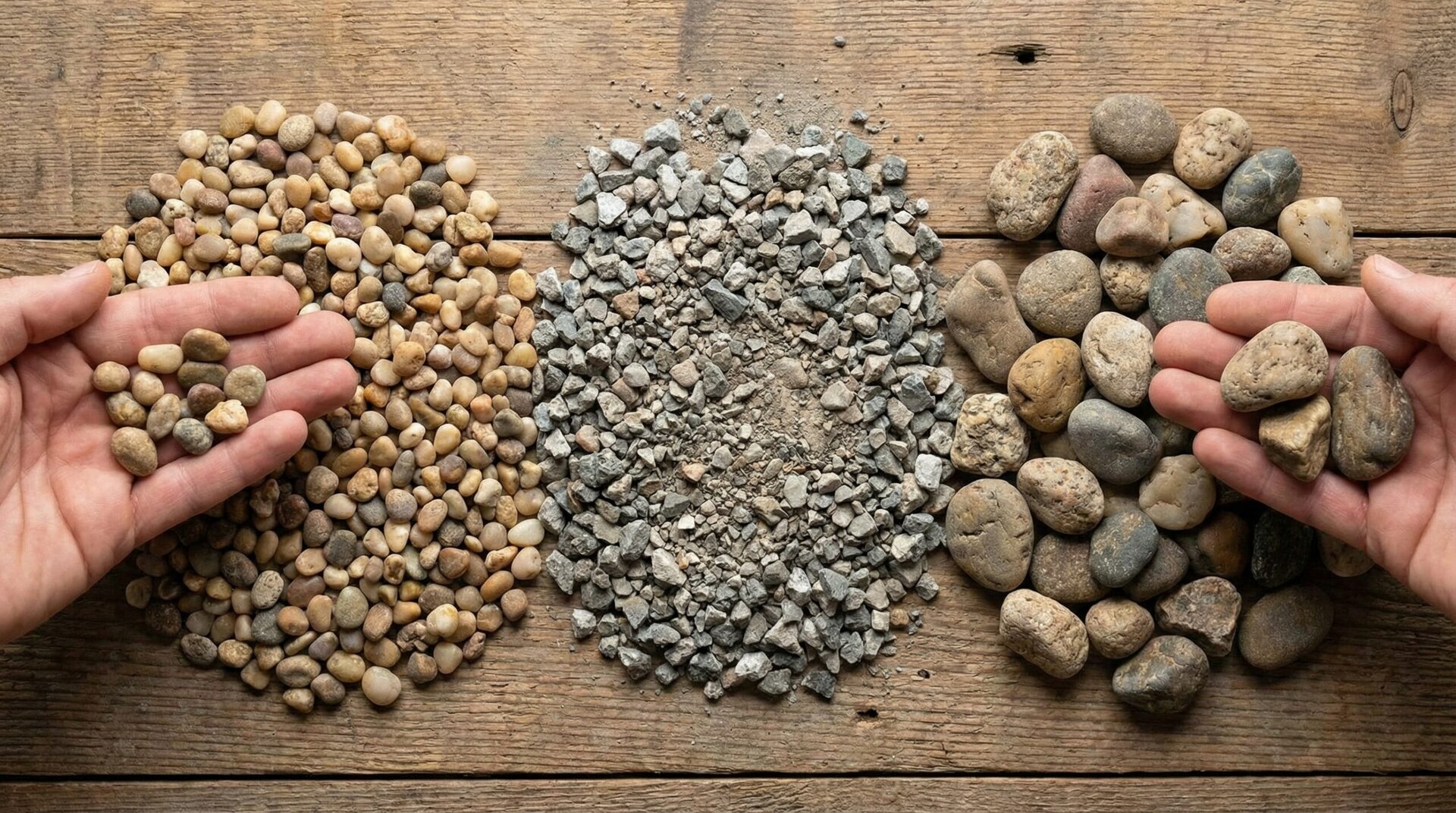 Close-up comparison showing different gravel types including pea gravel, crusher run, and river rock