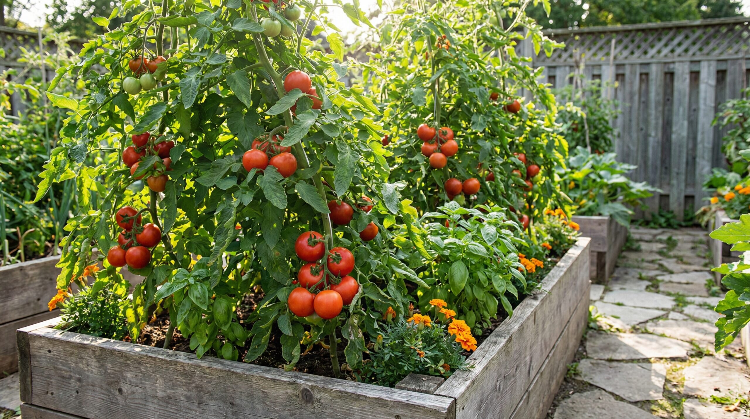 Healthy tomato plants in raised bed showing no blossom end rot