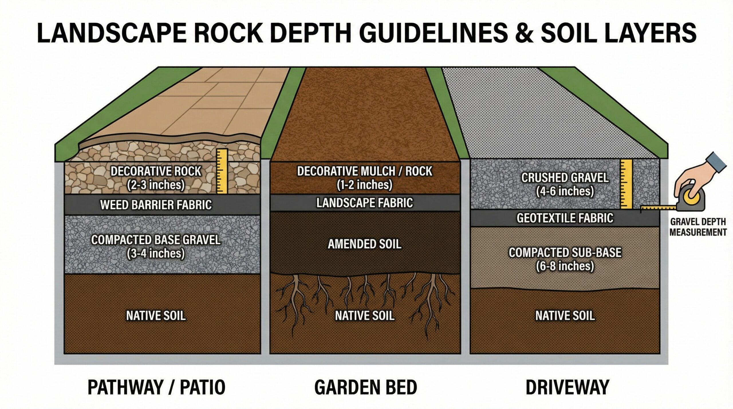 Cross-section diagram showing proper landscape rock depth for different applications
