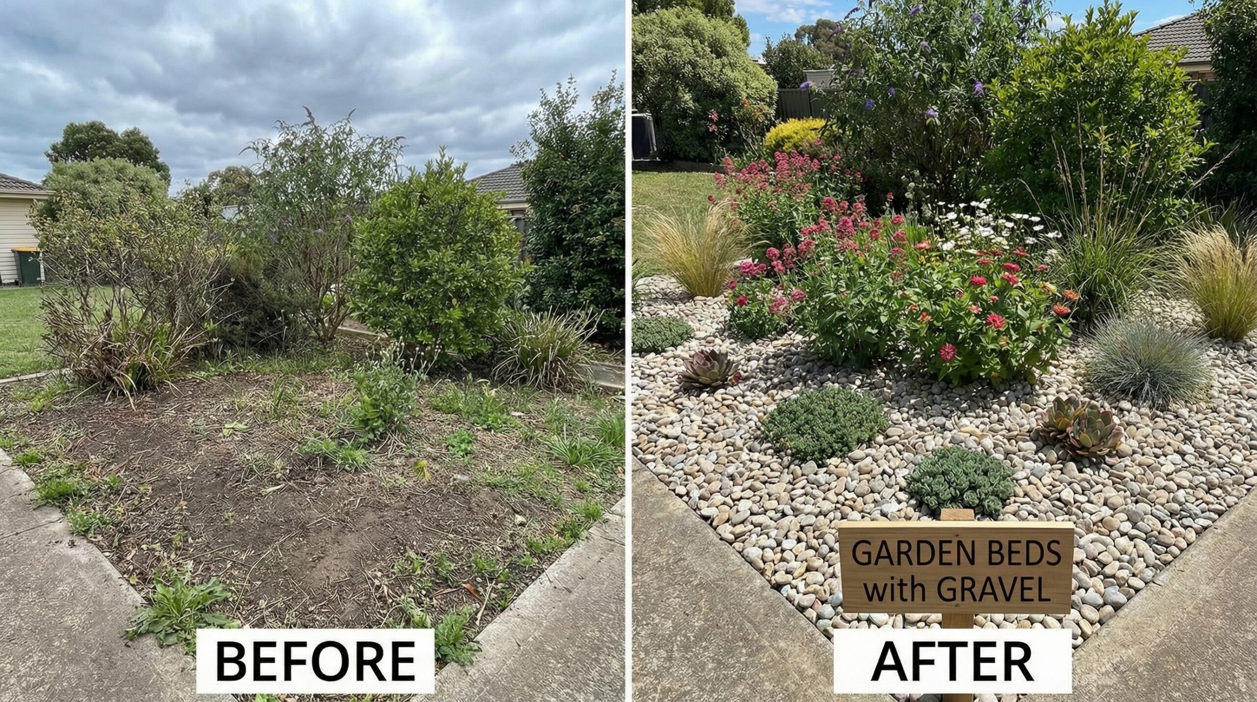 Before and after landscaping photos showing gravel application in garden beds