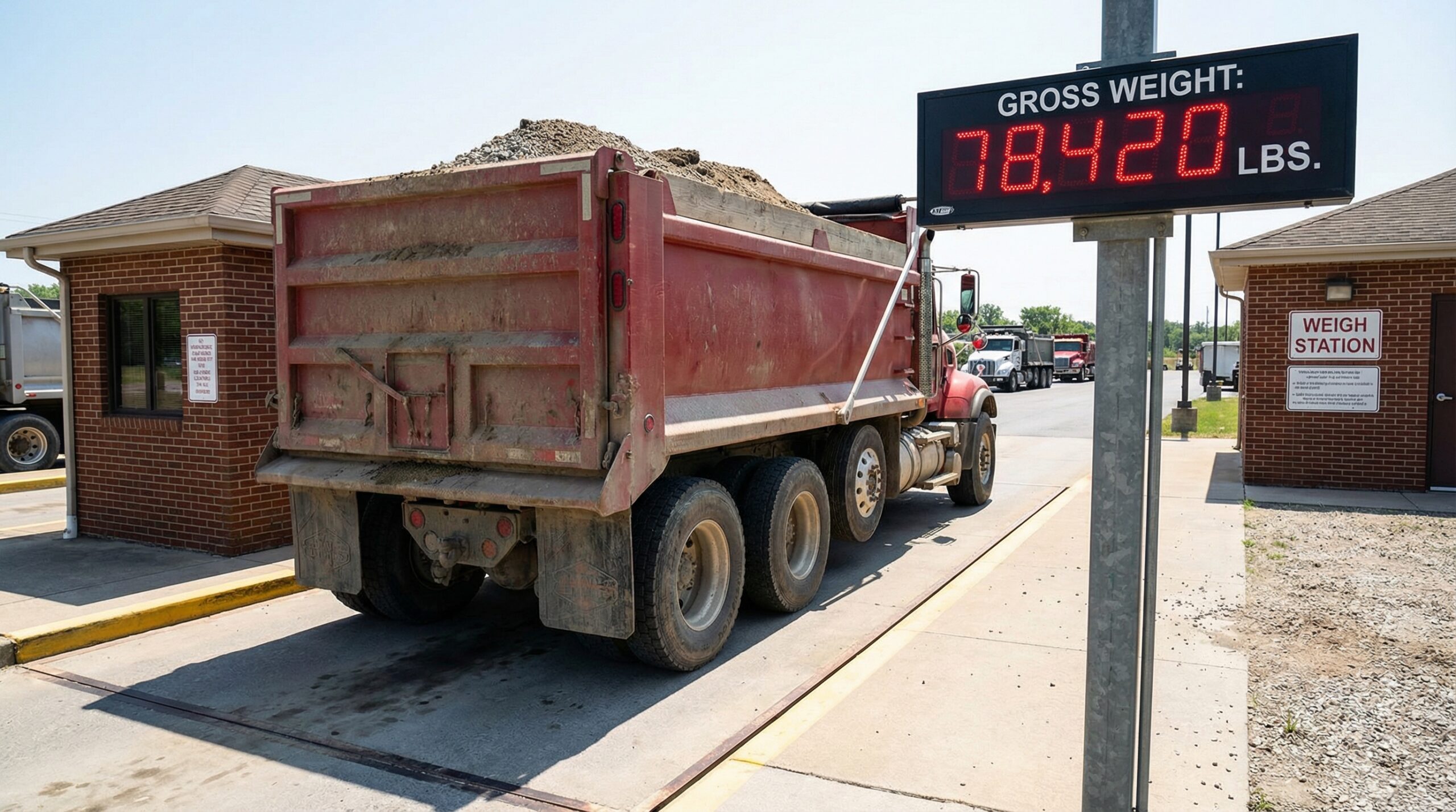 Loaded tri-axle dump truck at weigh station showing scale display