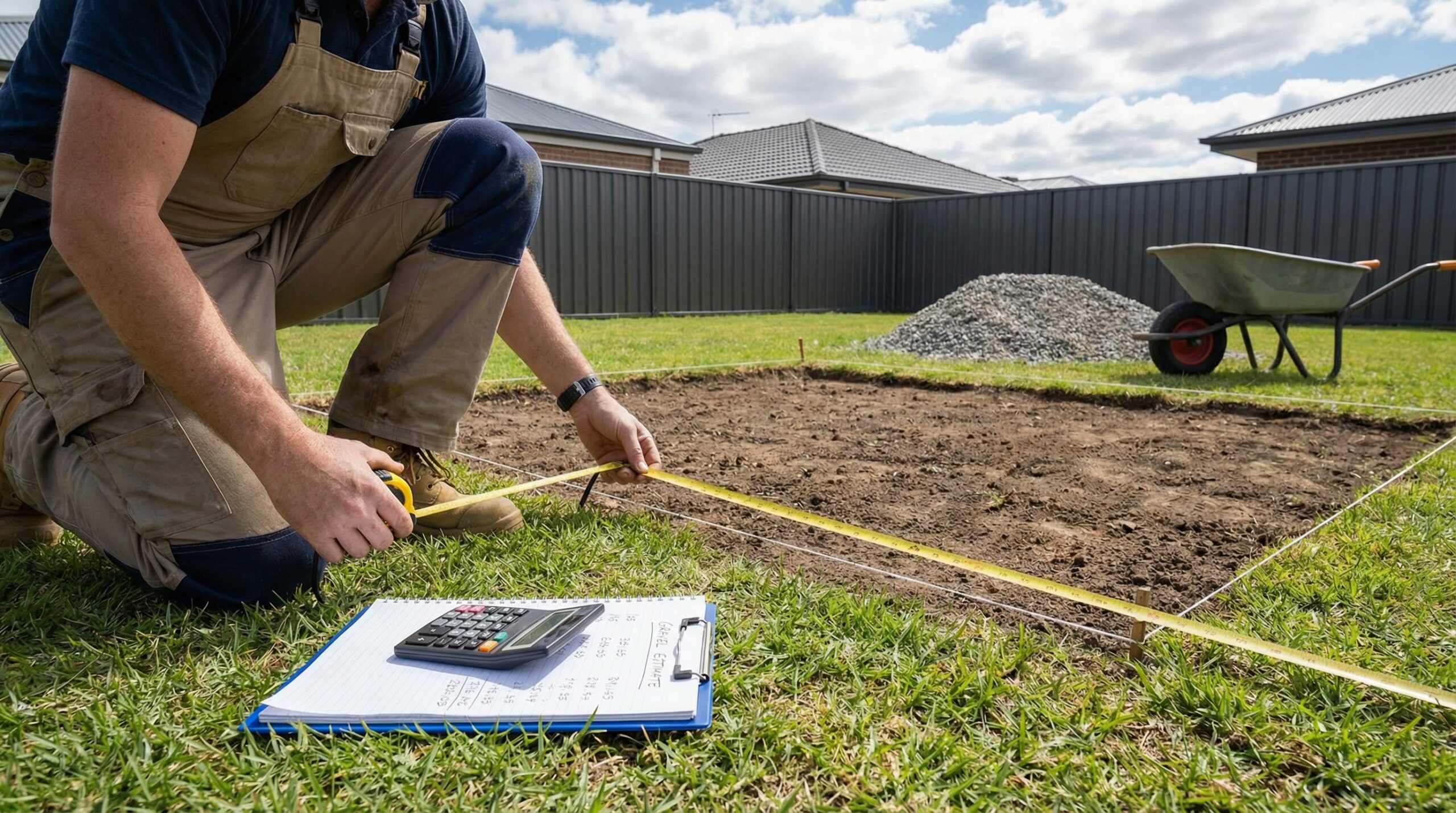 person-measuring-landscape-area-with-measuring-tape-and-calculator-for-gravel-calculation