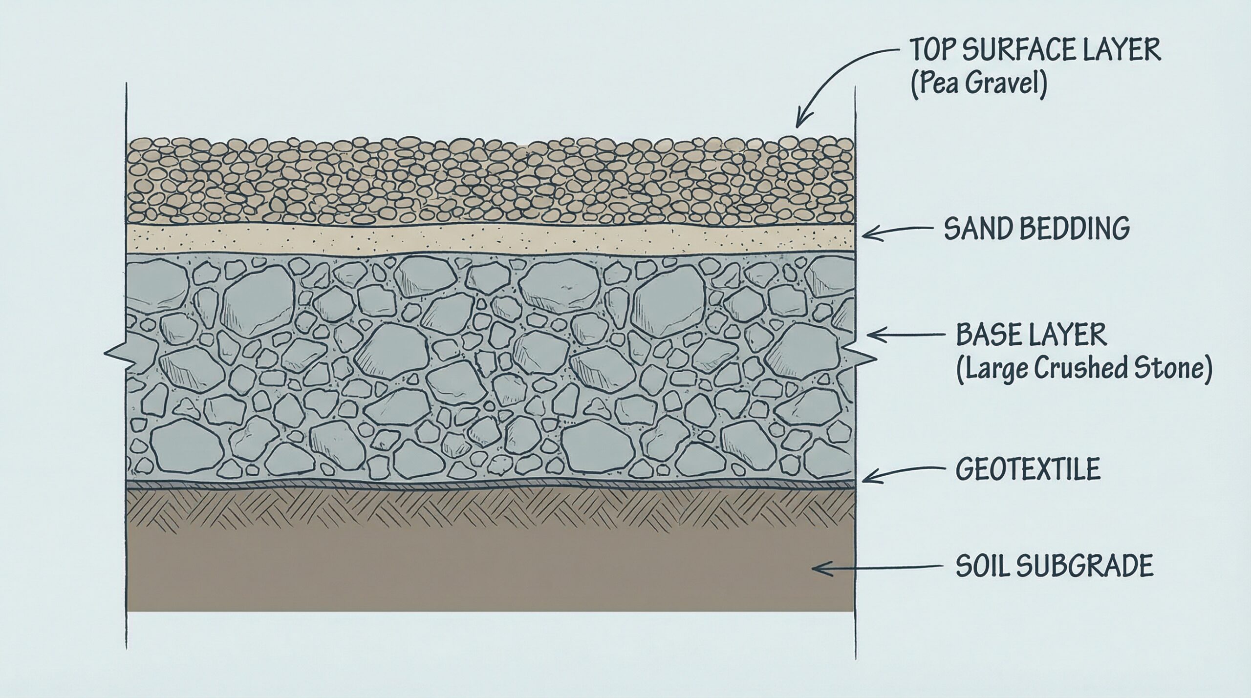 Cross-section diagram showing patio base and surface stone layers