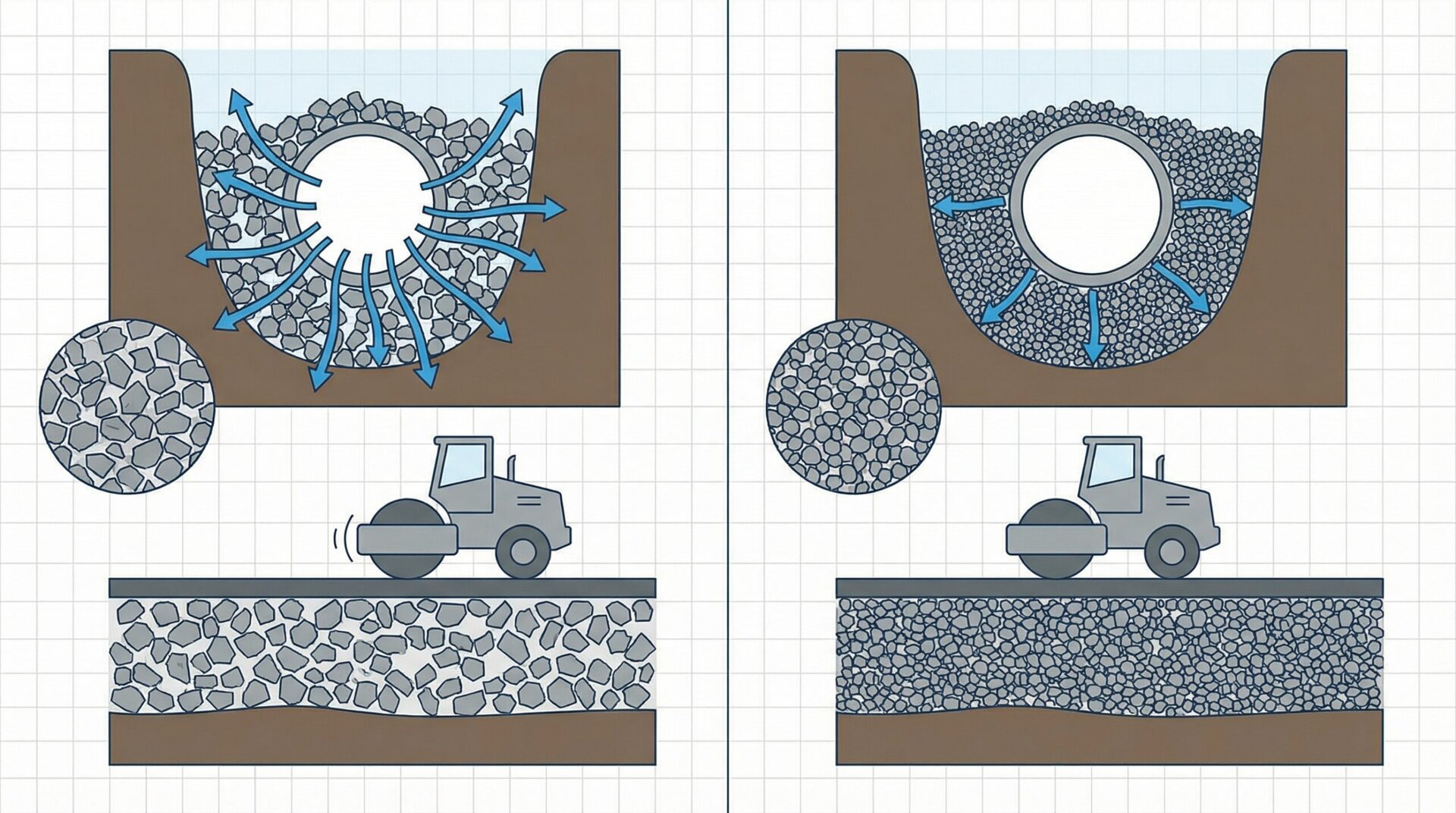 Comparison chart showing drainage rates and compaction levels between #57 and #67 stone with visual indicators