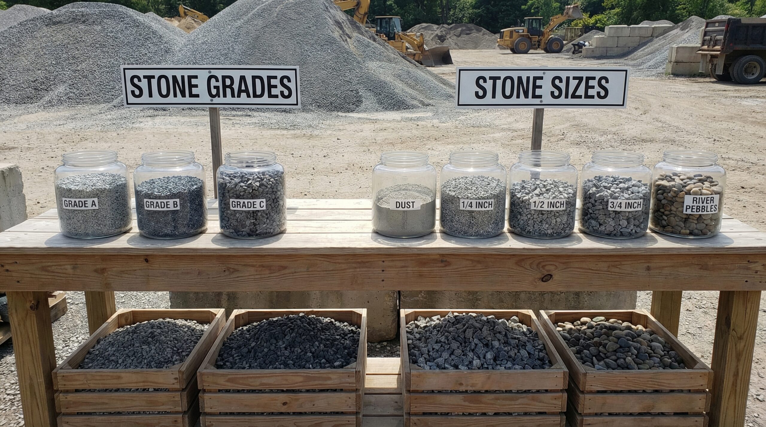 Side-by-side comparison of different stone grades in containers