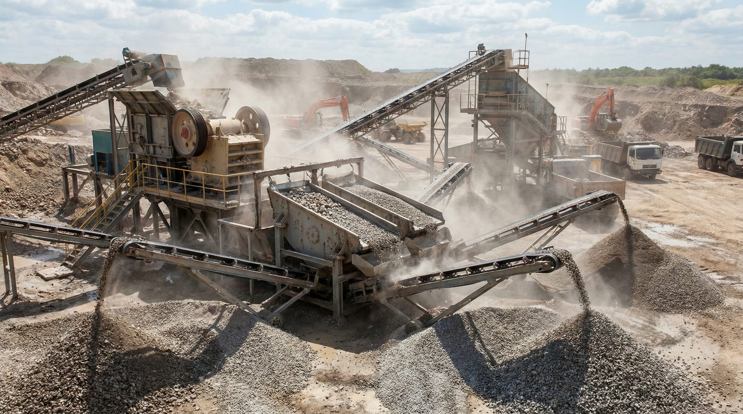 Stone screening process diagram showing different grade separations