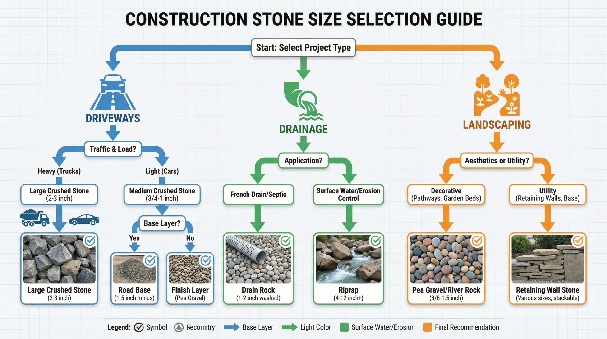 Decision flowchart for selecting stone sizes based on project types
