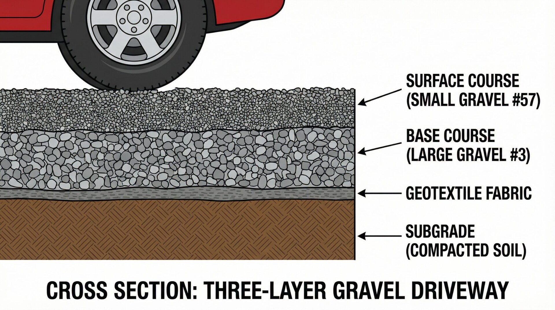 Cross section diagram showing three layer gravel driveway construction