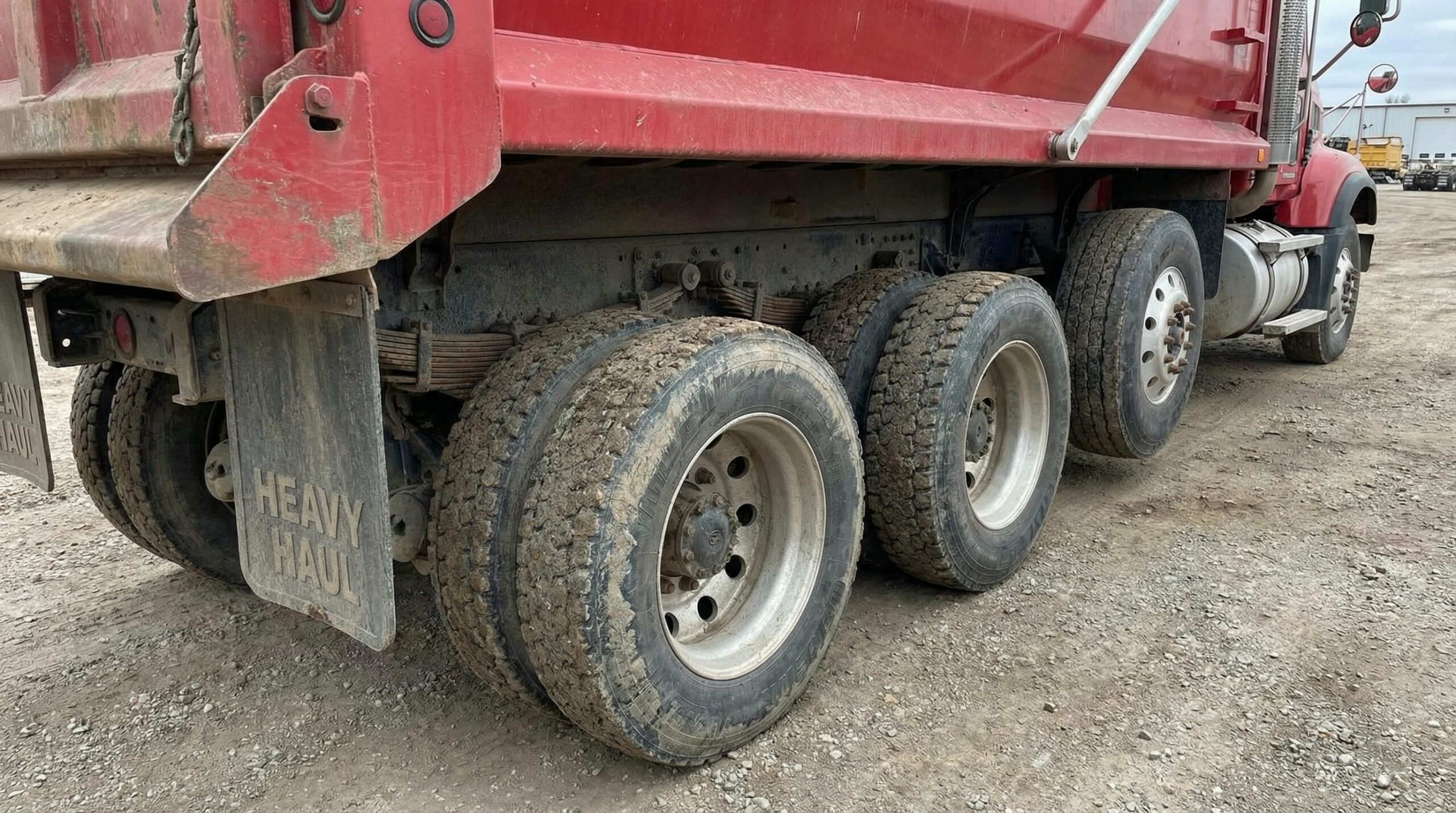 Close-up view of tri-axle configuration showing wheel arrangement