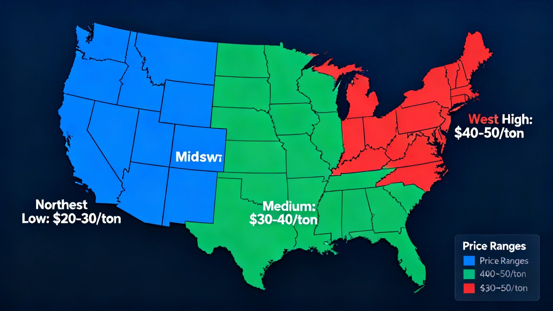 Map illustration showing different gravel price ranges across US regions