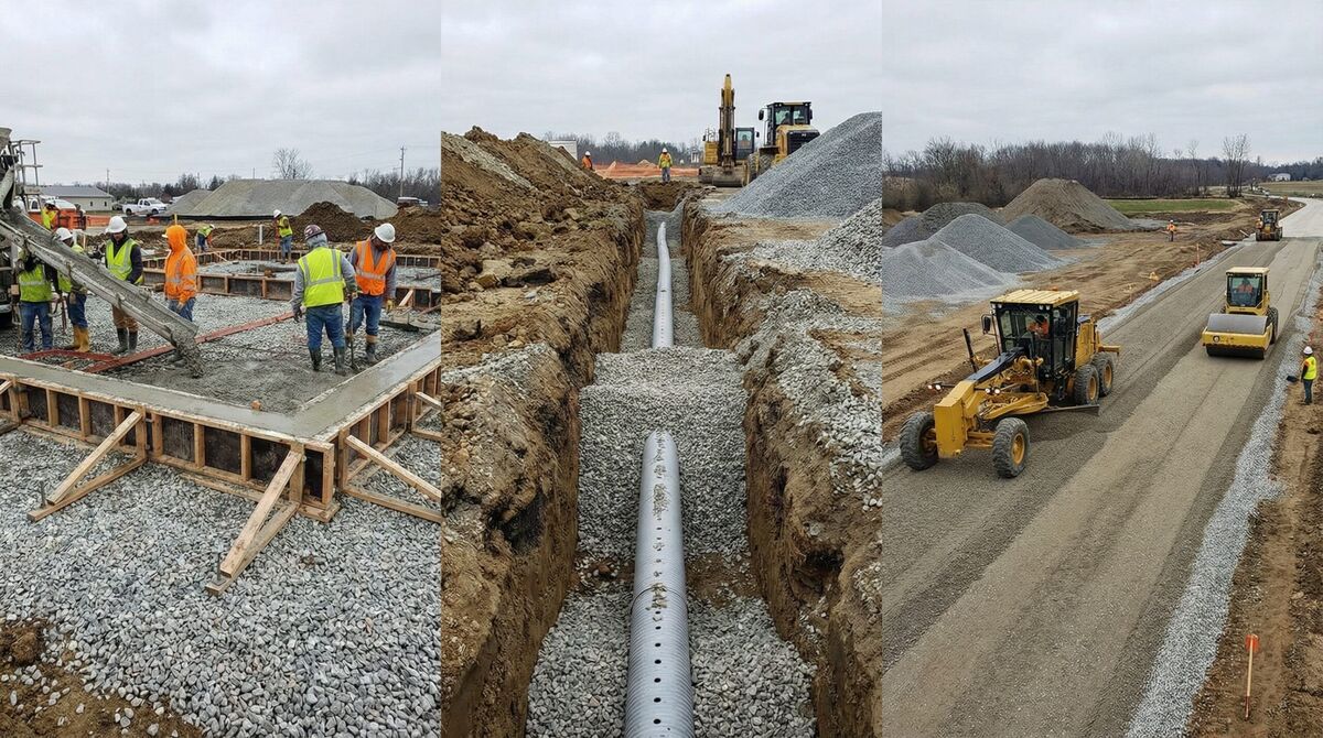 Different aggregate applications in construction projects including foundation, drainage, and roads