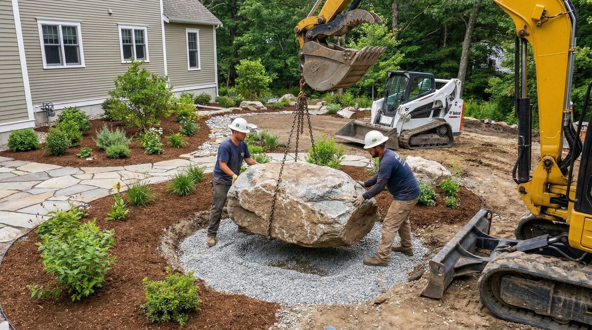large boulder installation showing proper placement techniques and equipment use