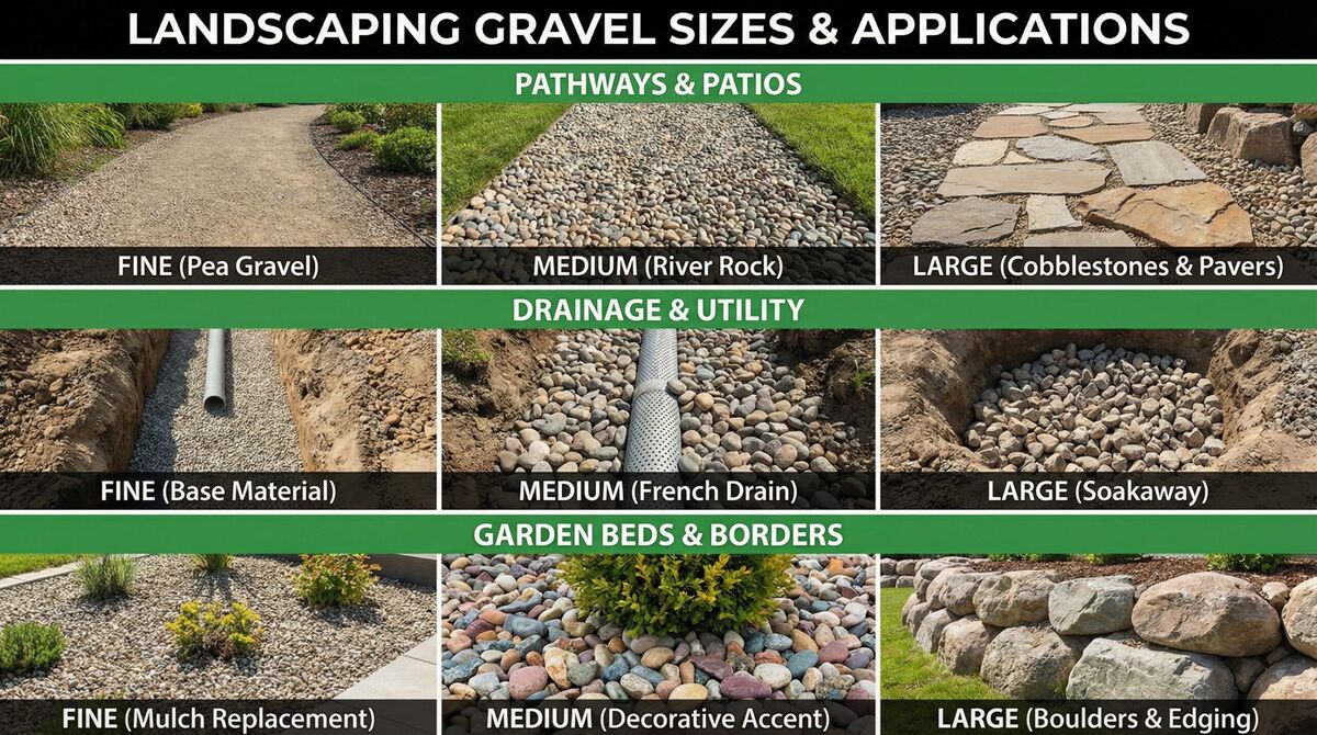 Comparison of different gravel sizes in various landscaping applications