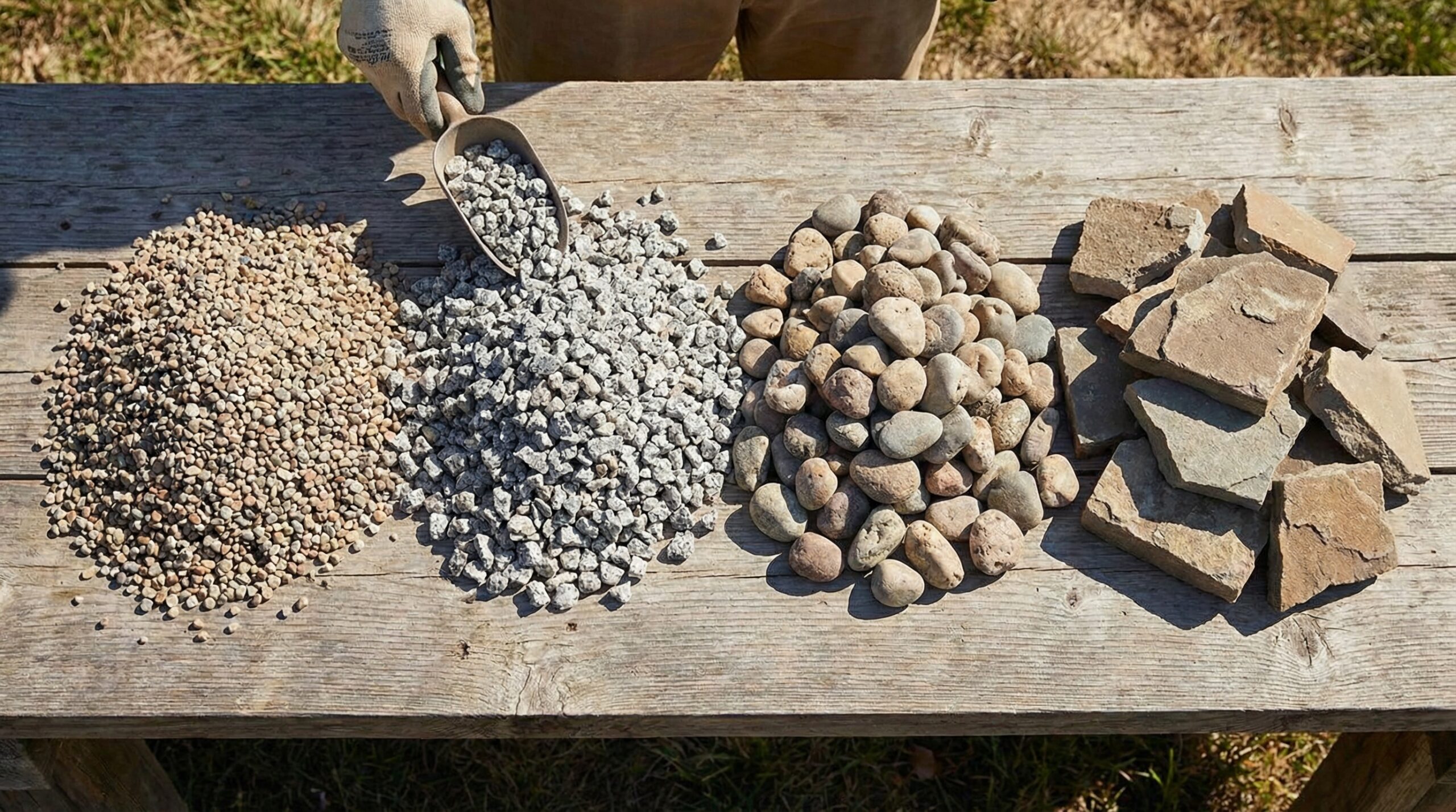Various sizes of crushed rock stones for patio displayed side by side