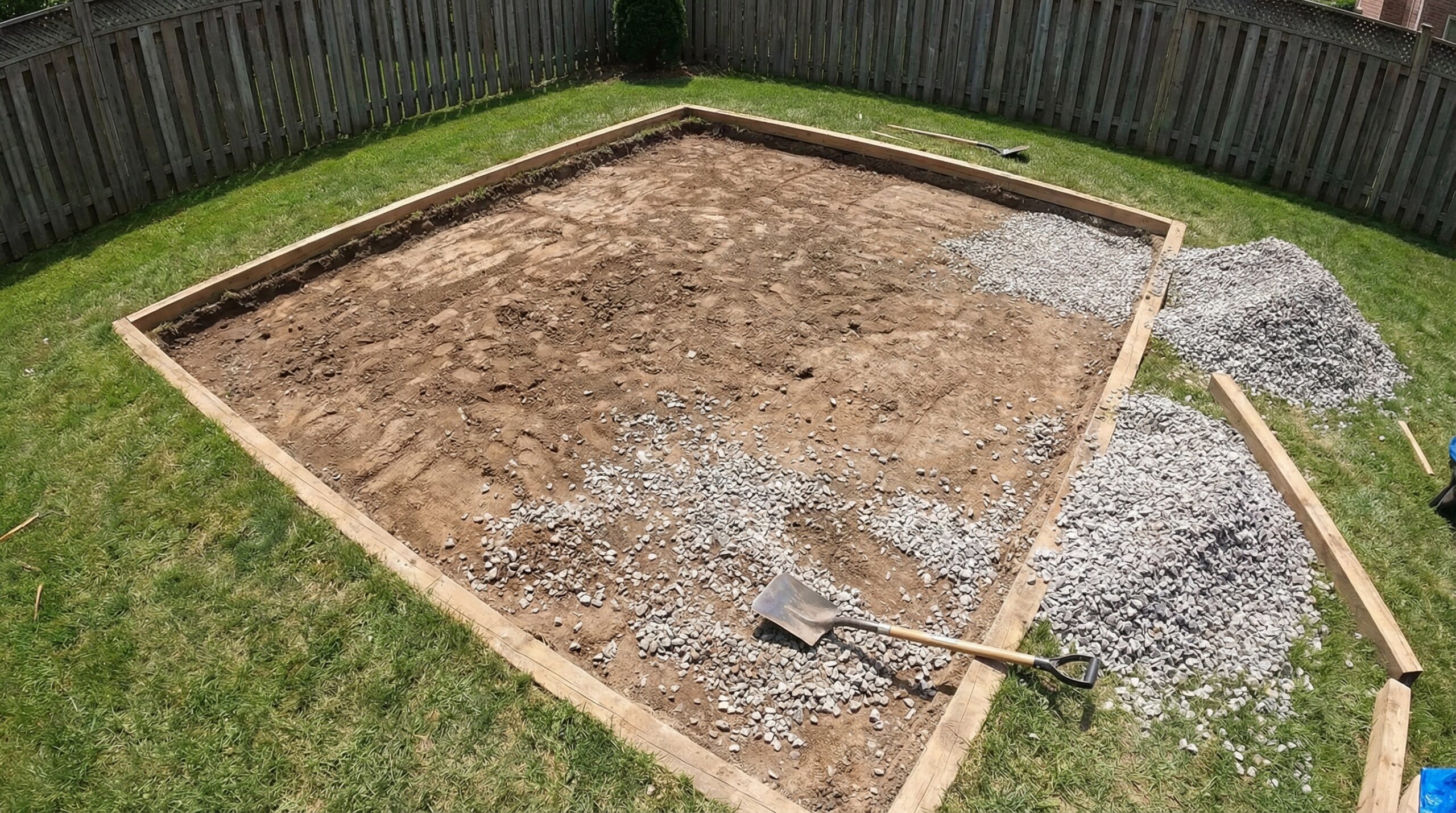 Crushed rock patio installation process in progress