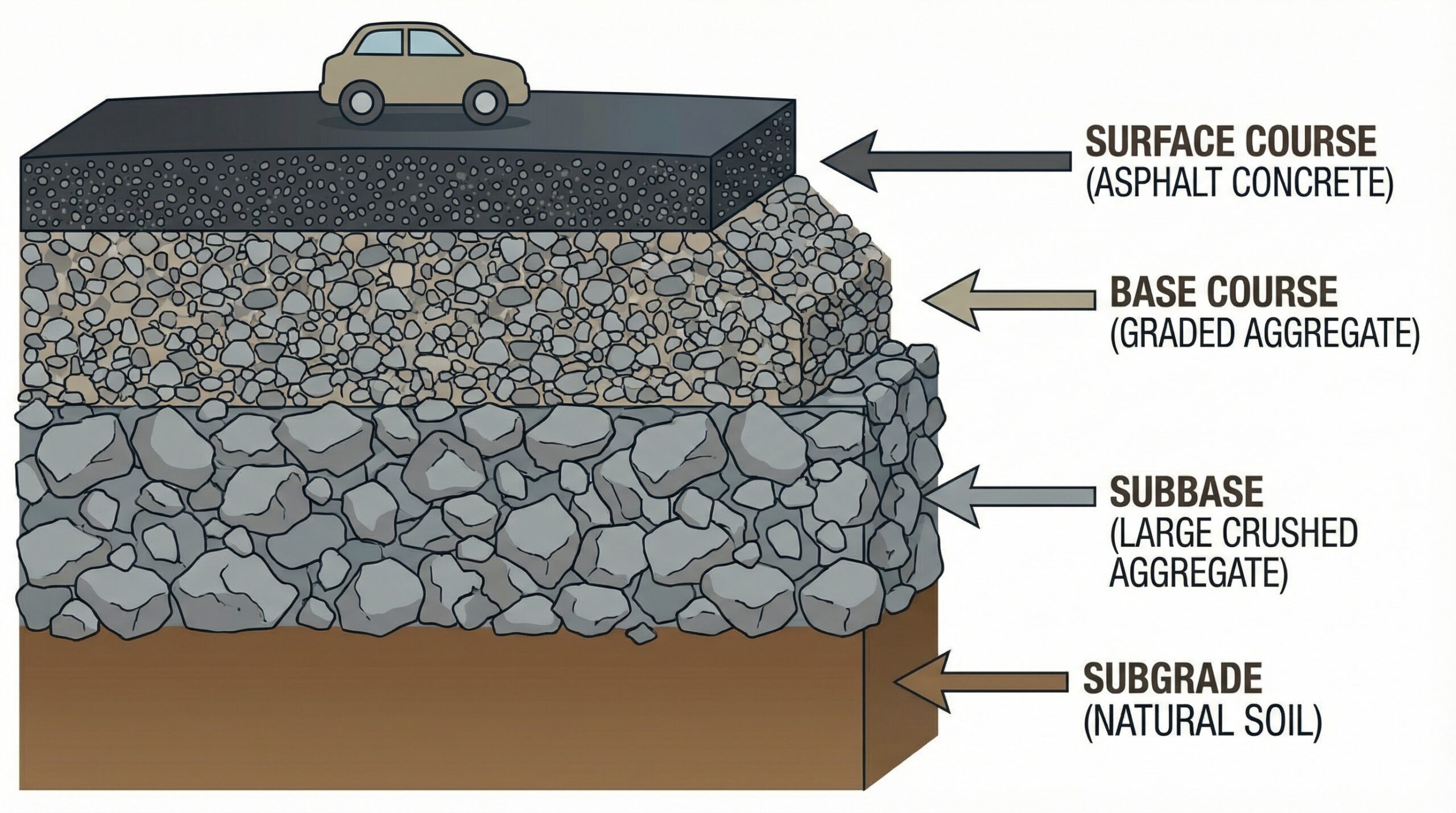 Crushed rock road construction layers showing different sizes