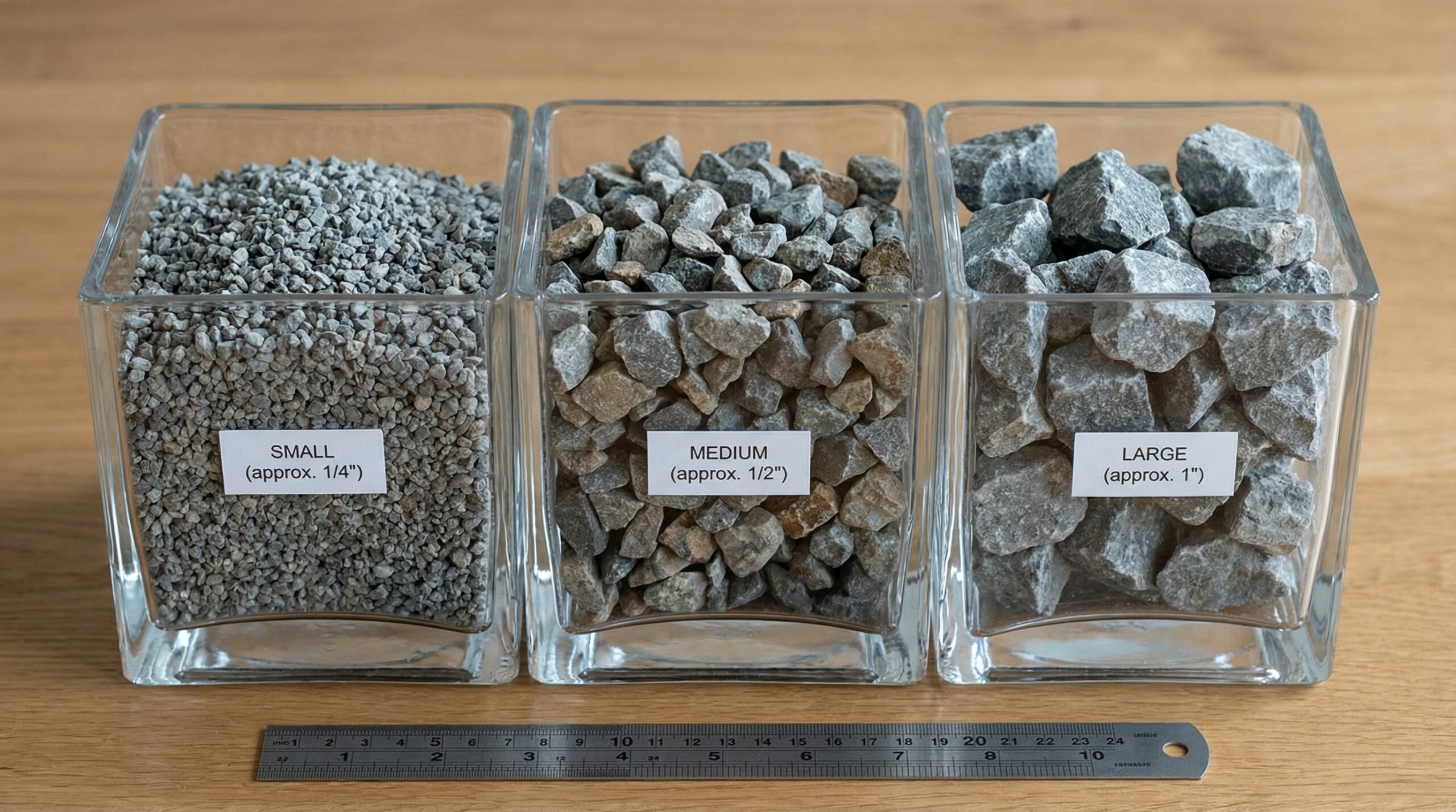 Comparison of different crushed stone sizes with measurement labels