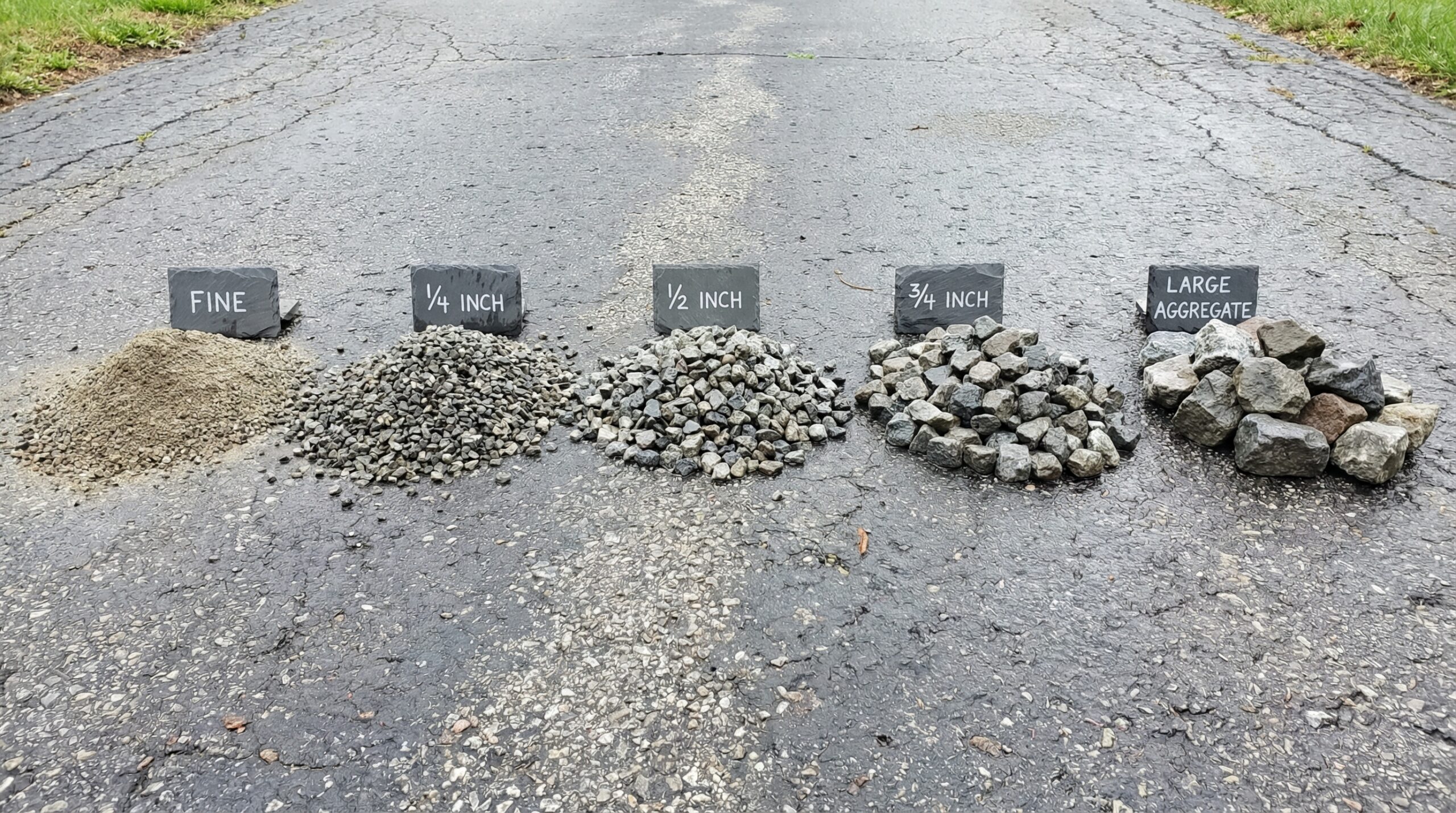 Various crushed stone sizes displayed on driveway surface