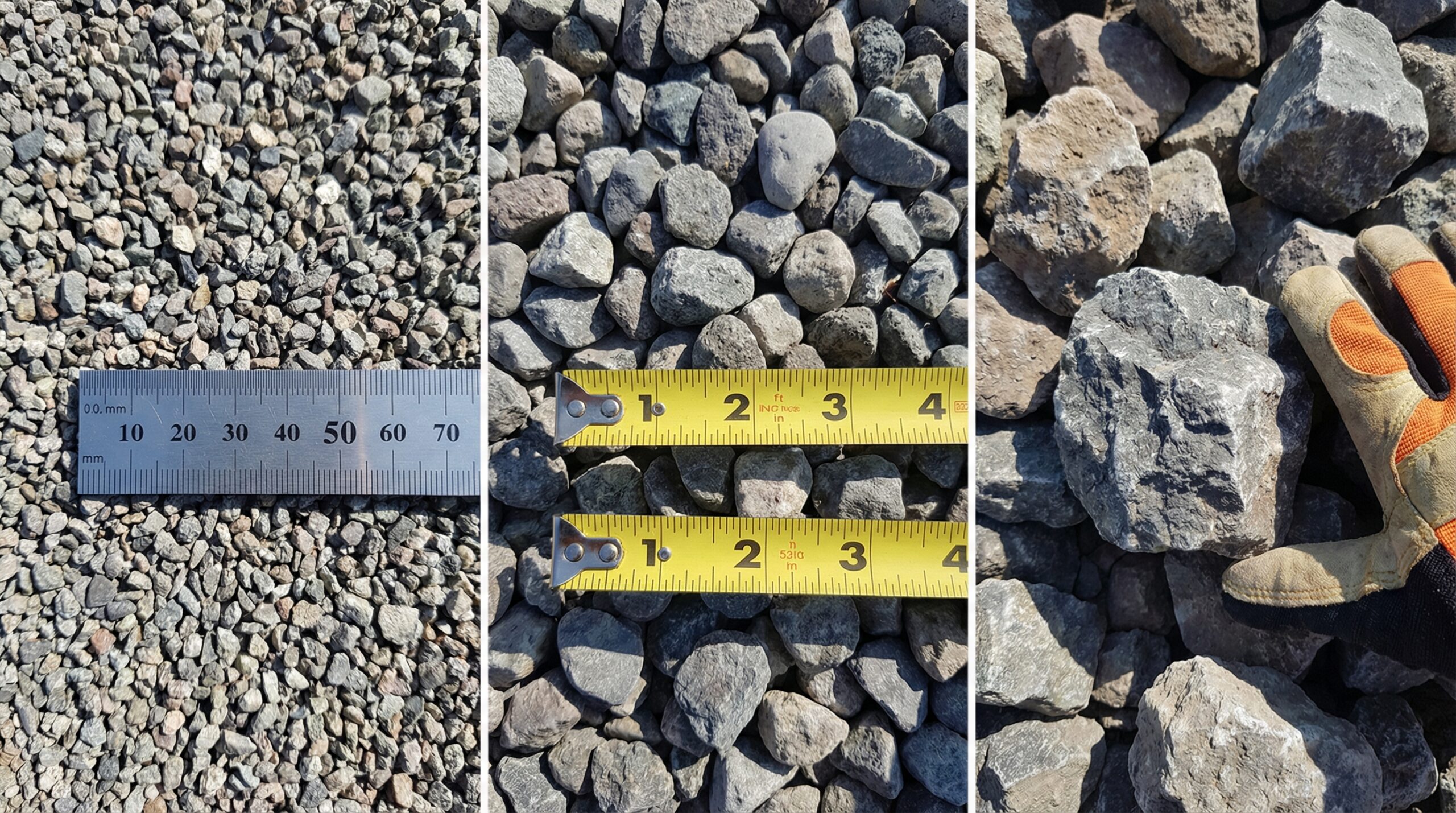 Close-up detail shots of different crushed rock sizes with measurement references