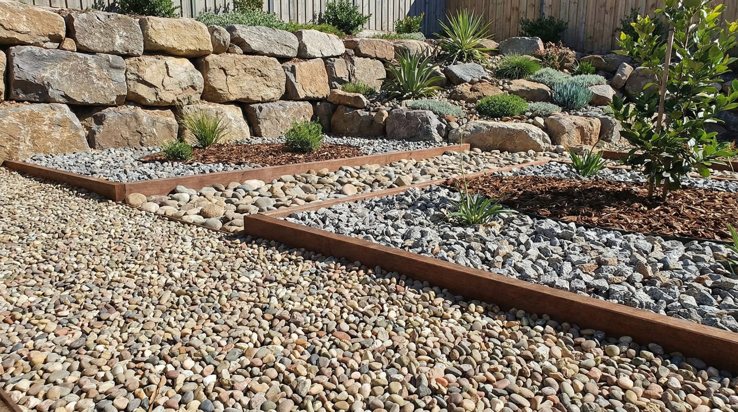 Various crushed rock sizes displayed in landscaping applications showing pea gravel, medium stone, and quarry stone