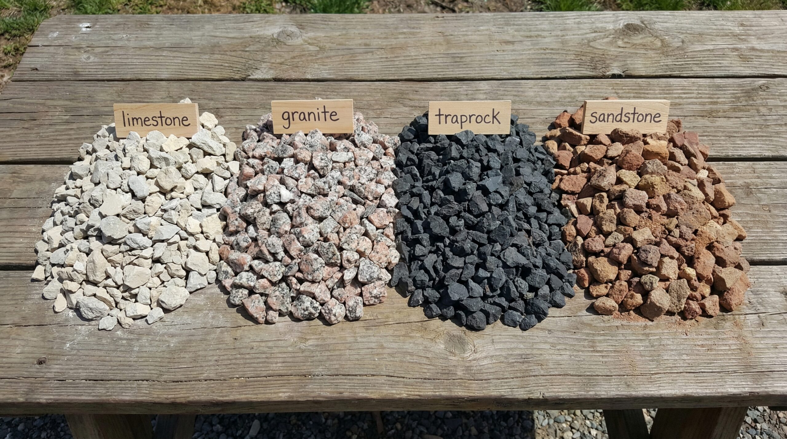 Various types of crushed stone samples displayed